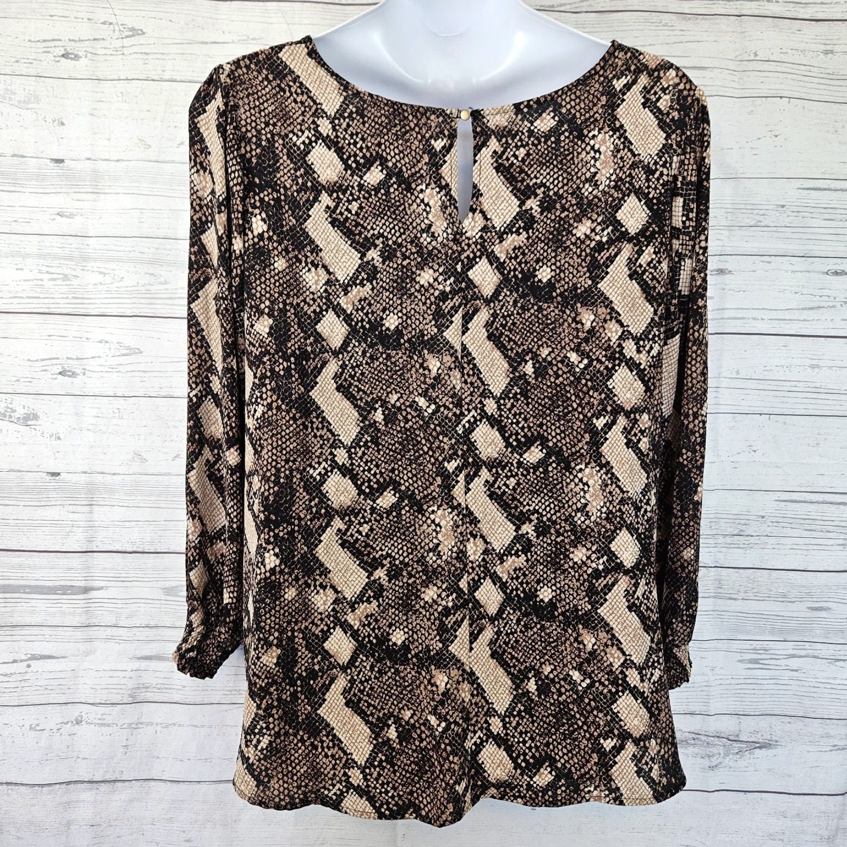 Vintage VINTAGE Peace & Pearls Womens Top 2X Blouse Long Sleeve Black Brown Snakeskin Print Size XXL / US 16-18 / IT 52-54 - 3 Thumbnail