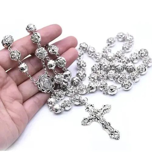 Hype x Jewelry Saint Benedict Rosary Necklace Chain Catholic Church Jesus in Silver, Men's