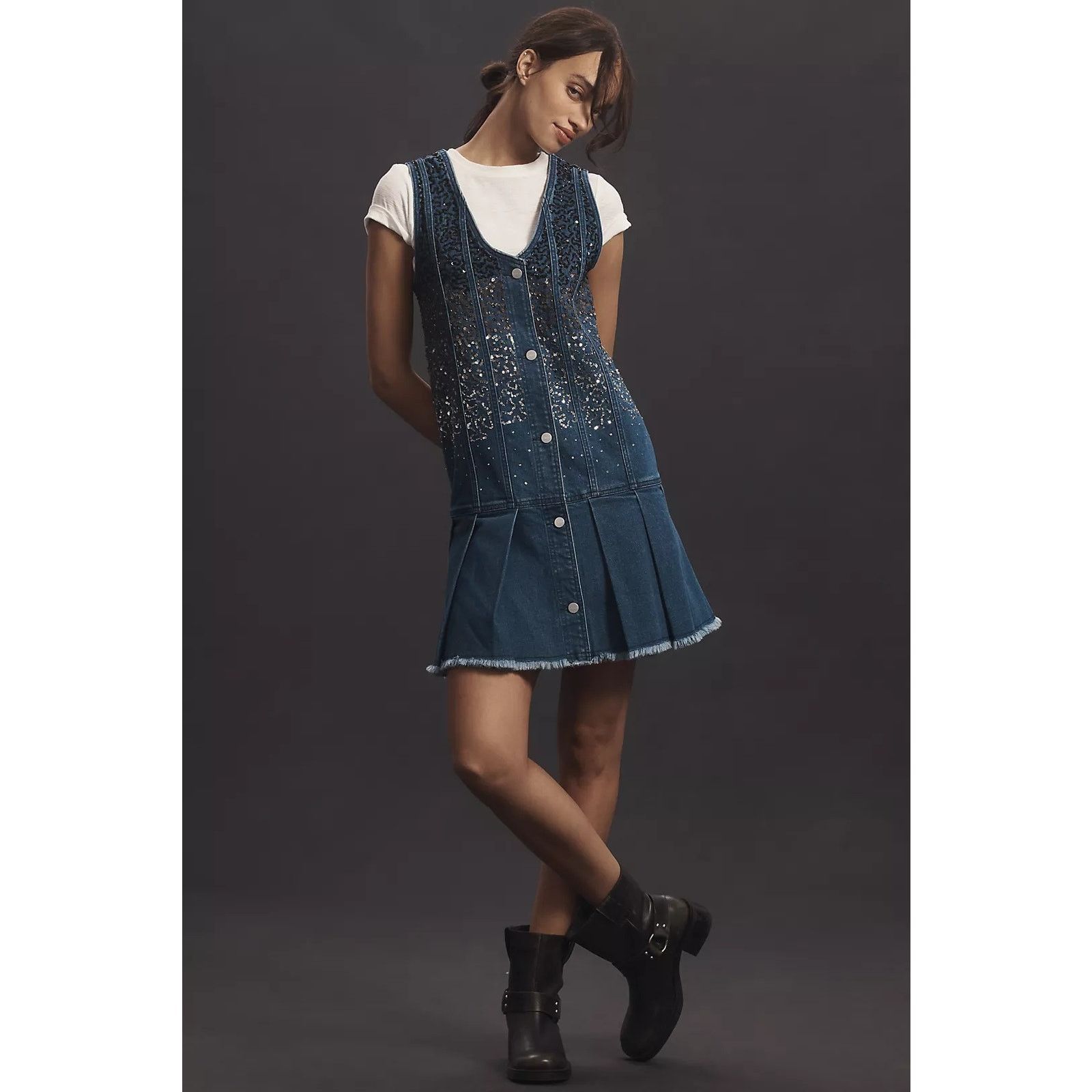 Anthropologie NWT Pilcro Sparkle Denim Button-Front Mini Dress $198 MEDIUM Size M / US 6-8 / IT 42-44 - 1 Thumbnail