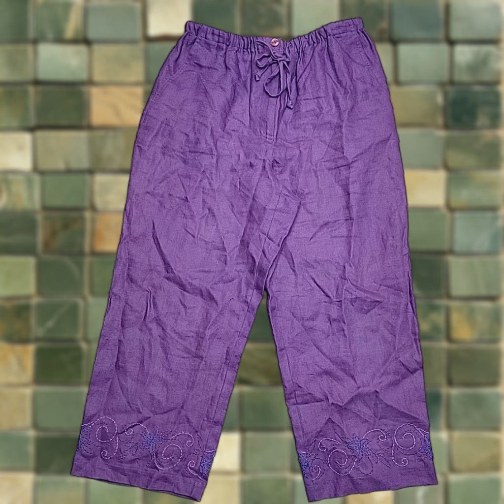 JM Collection VINTAGE JM Collection Linen Pants Womens 8 Purple Linen Cropped Drawstring Embroidered Size 30" / US 8 / IT 44 - 1 Thumbnail