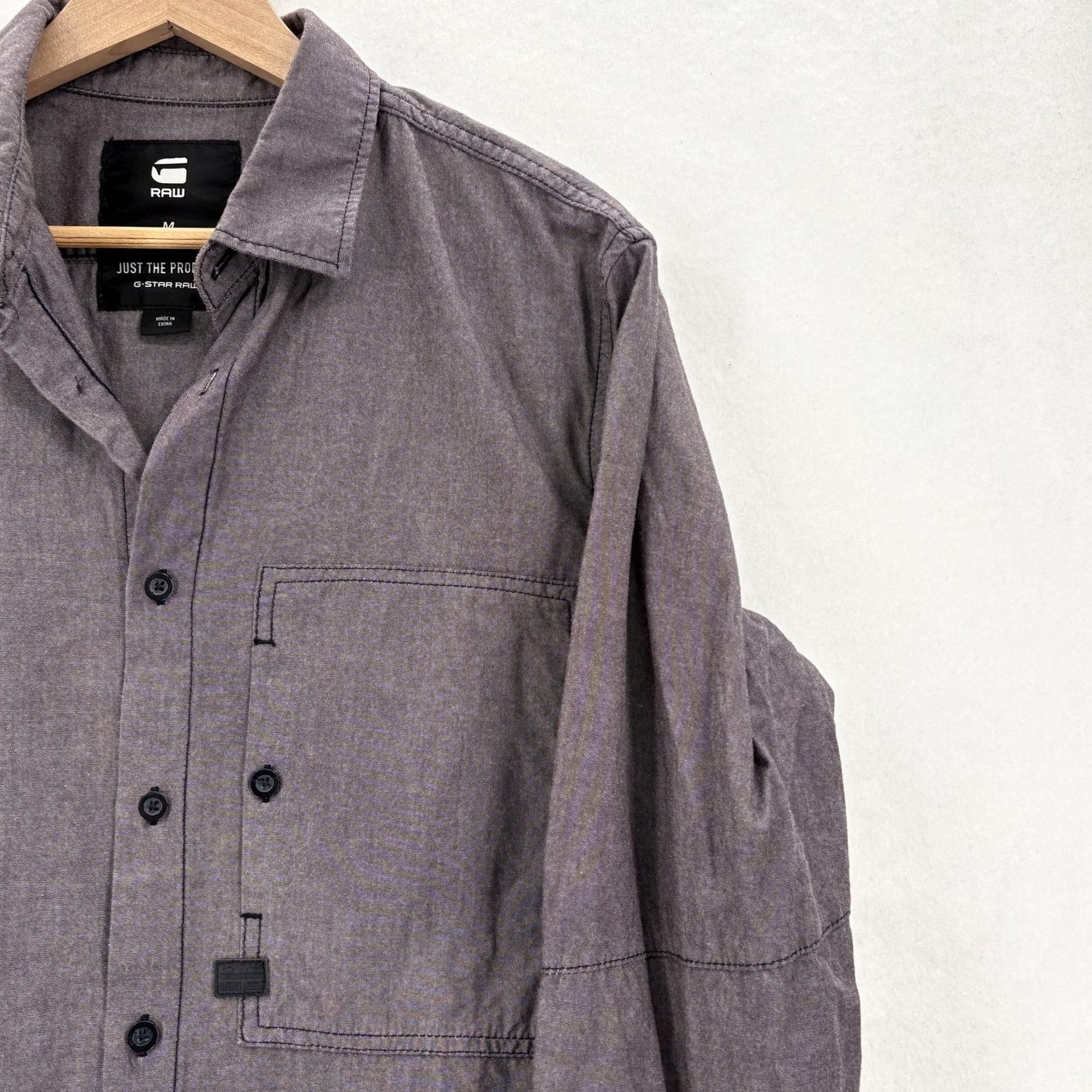 Vintage G-Star RAW Shirt Mens M Gray Solid Button Up Long Sleeve Casual 90s Grunge Cotton Leather Pockets Carded Vintage No Size US M / EU 48-50 / 2 - 2 Thumbnail