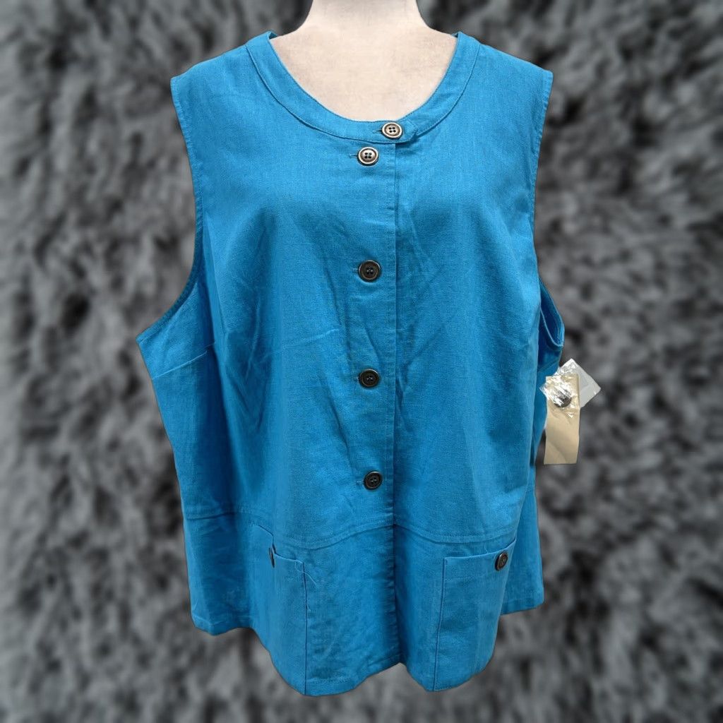 Vintage MELROSE STUDIO Plus Size 2X Linen Blend Button-Up Sleeveless Shirt Blue Artsy Lagenlook Womens Size XXL / US 16-18 / IT 52-54 - 1 Thumbnail