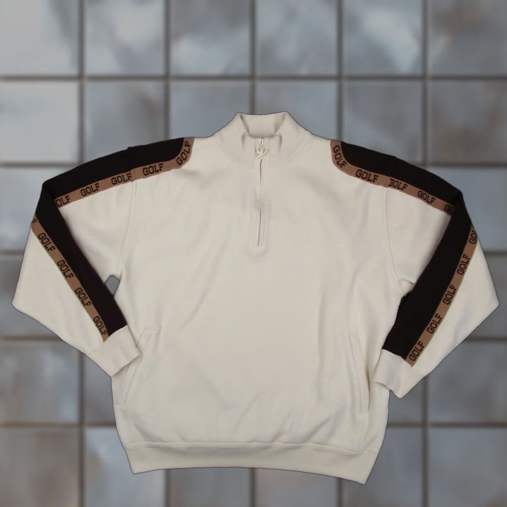 Golf Wang VINTAGE Golf Wang Sweater Mens XL White Brown 1/4 Zip Mock Neck Logo Tape Knit Pullover Size US XL / EU 56 / 4 - 1 Thumbnail