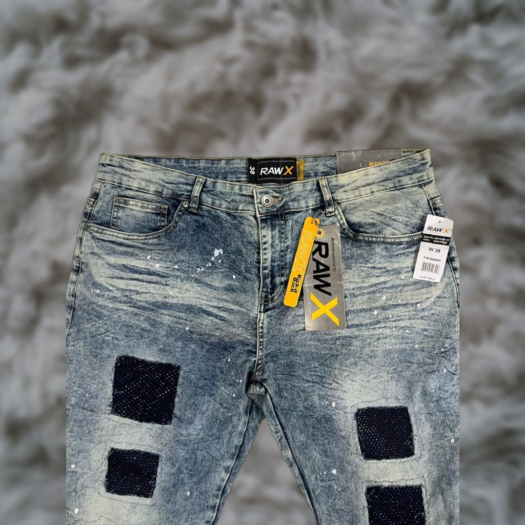 Denime Raw X Jeans Men’s 38 Skinny Stretch Blue Denim Patchwork Studs NWT Modern City Hip Hop Retro Jeans Size US 38 / EU 54 - 1 Thumbnail