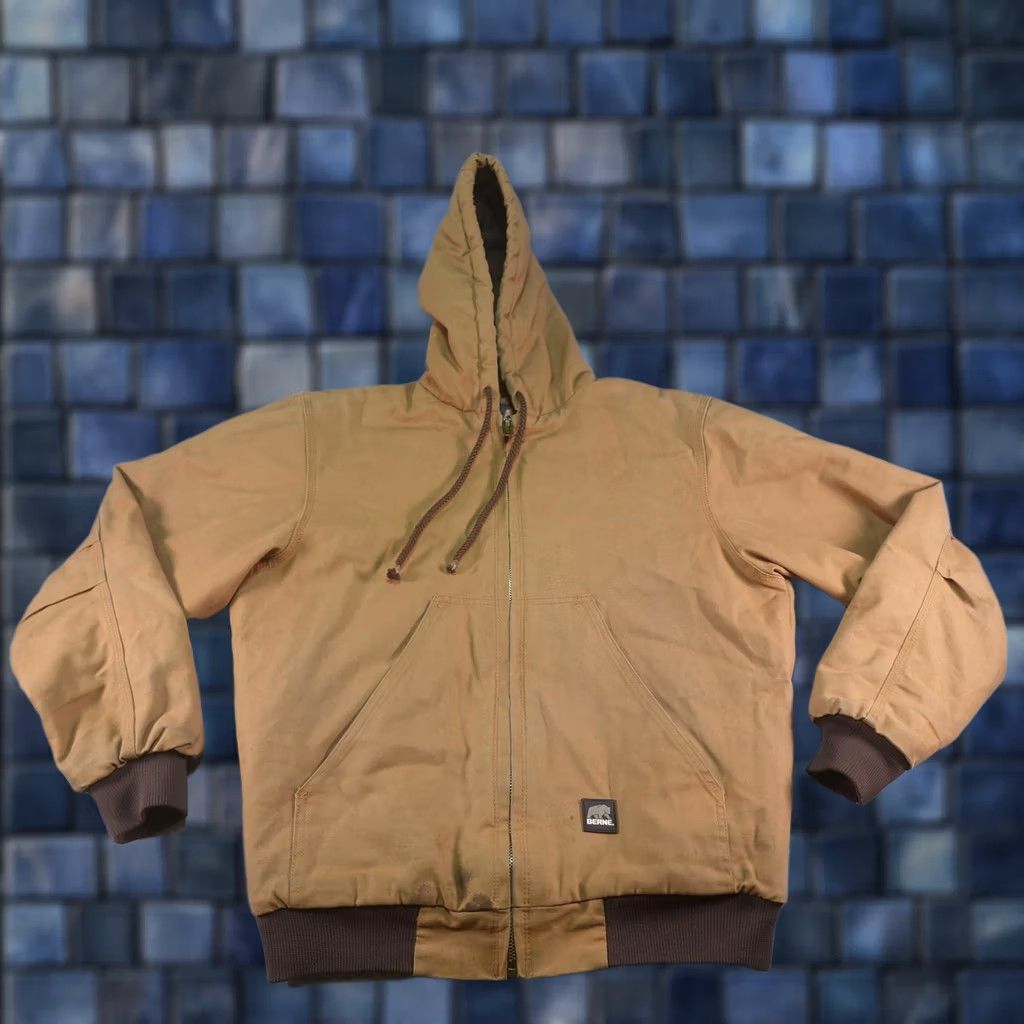 Vintage Berne Jacket Mens M Brown Canvas Hooded Quilted Lined Insulated Workwear Bomber Zip Pockets Full Zip Size US M / EU 48-50 / 2 - 1 Thumbnail