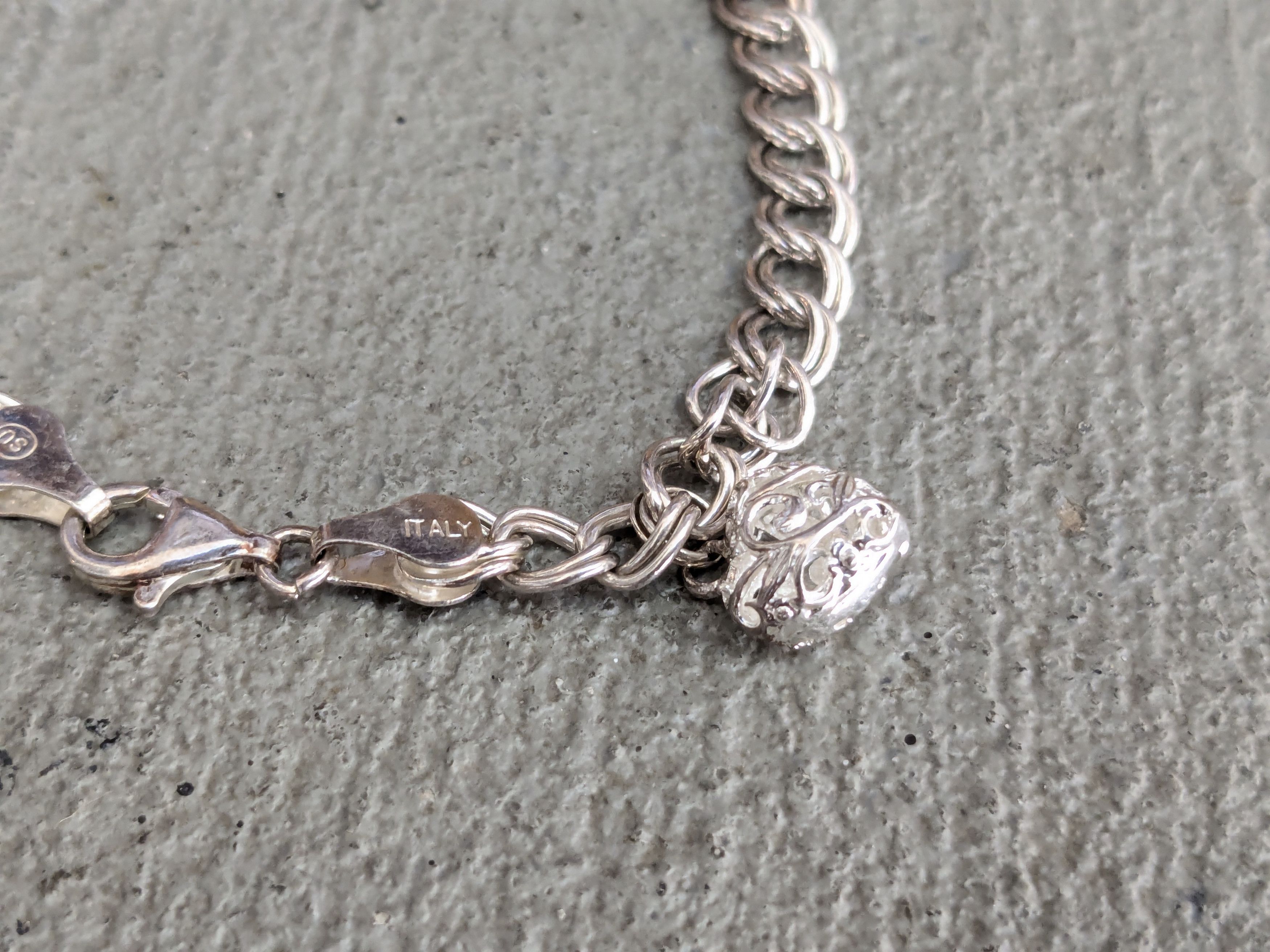 Jewelry Sterling Silver Bracelet Double Curb Heart Charm 7" Italy Size ONE SIZE - 2 Thumbnail