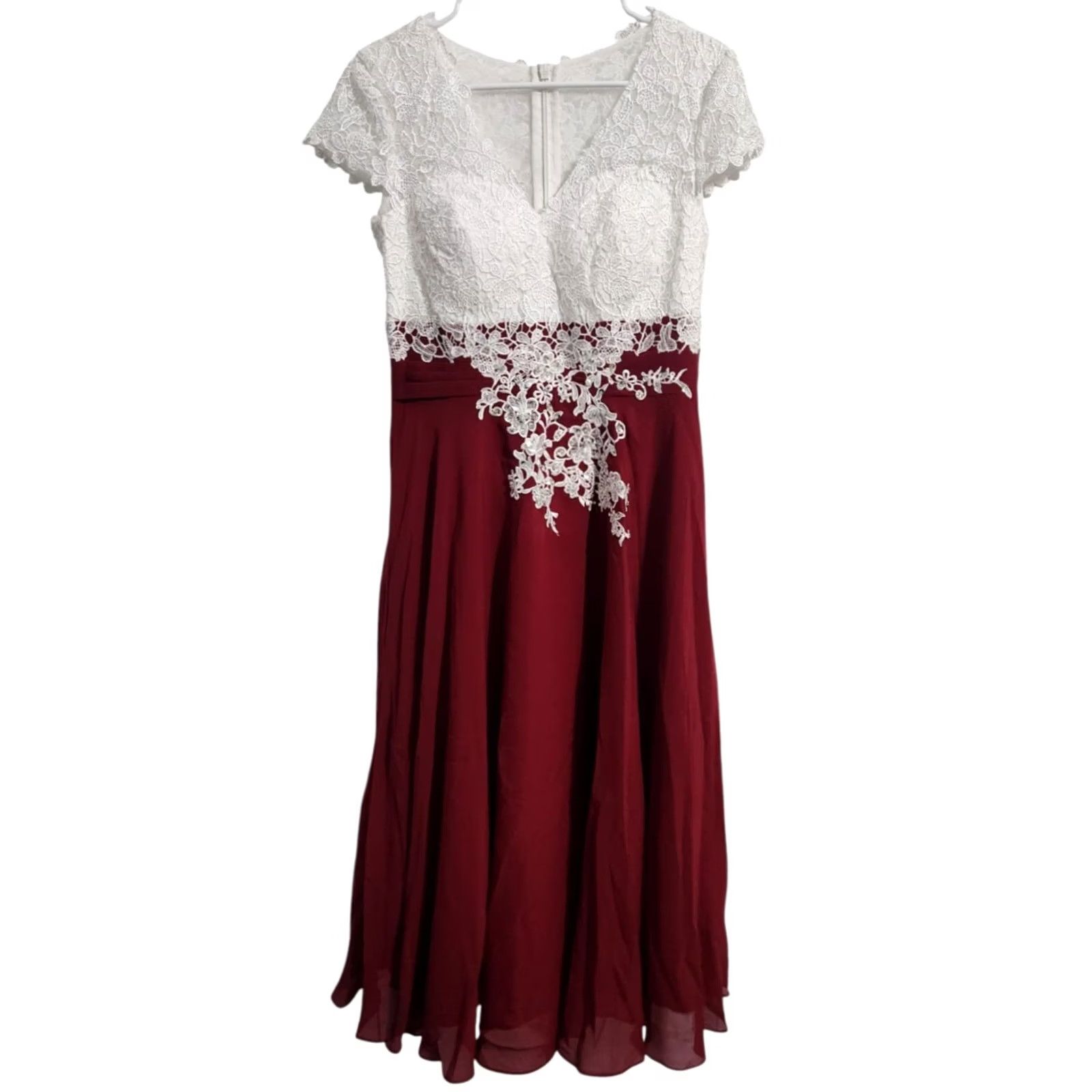 Vintage JJs House Womens 10 Floral Lace Dress Cap Sleeve V-Neck Burgundy White Beaded Dress Size L / US 10 / IT 46 - 2 Thumbnail