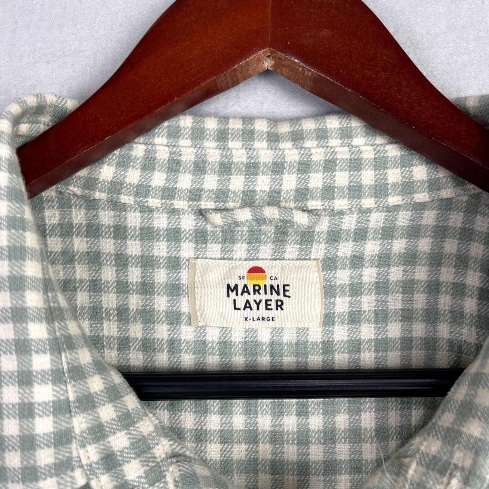 Marine Layer Marine Layer Shirt Mens Large Gingham Button-Up Green White Long Sleeve Flannel Size US L / EU 52-54 / 3 - 5 Thumbnail