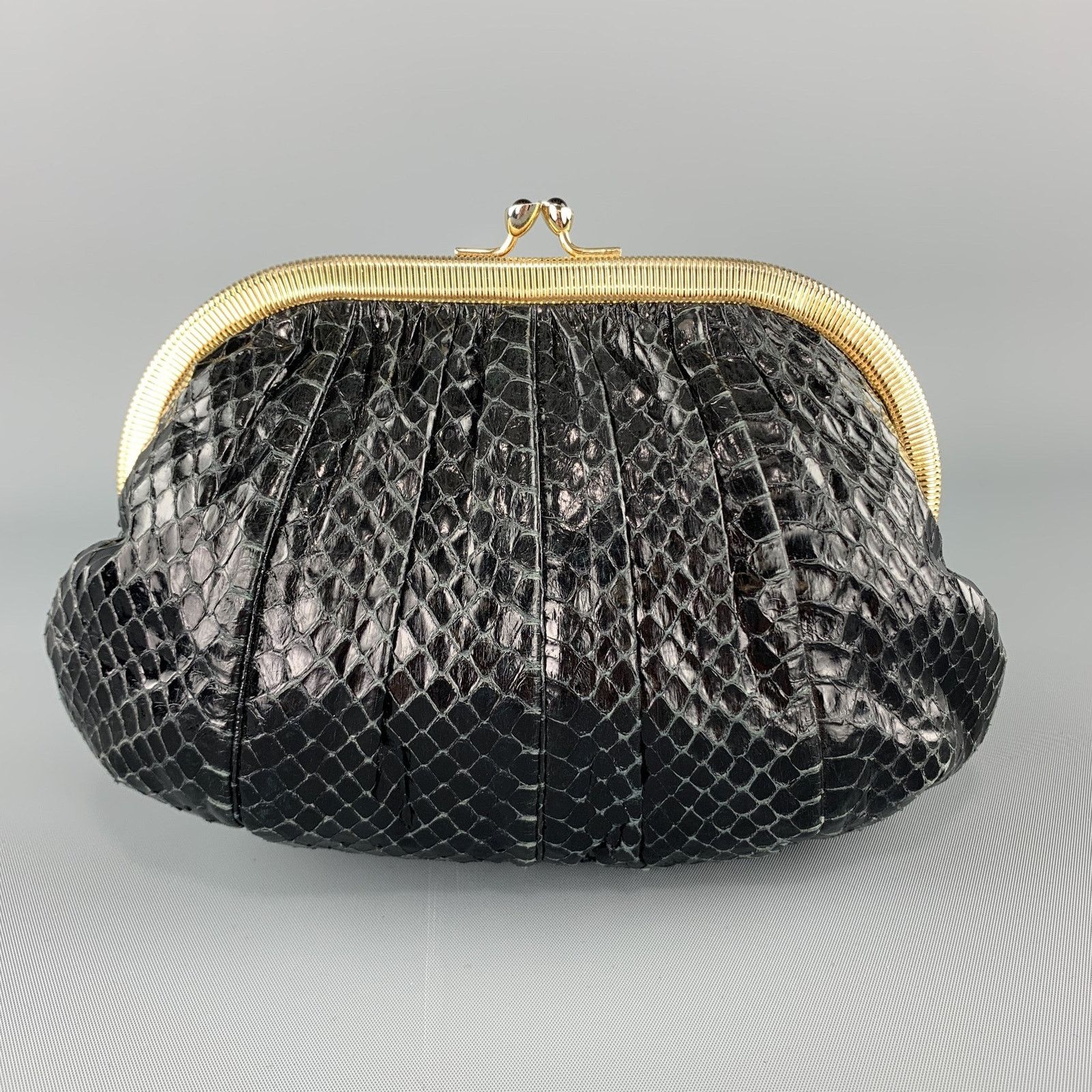 Judith Leiber JUDITH LEIBER Ruched Black Snake Skin Evening Clutch Handbag Size ONE SIZE - 3 Thumbnail
