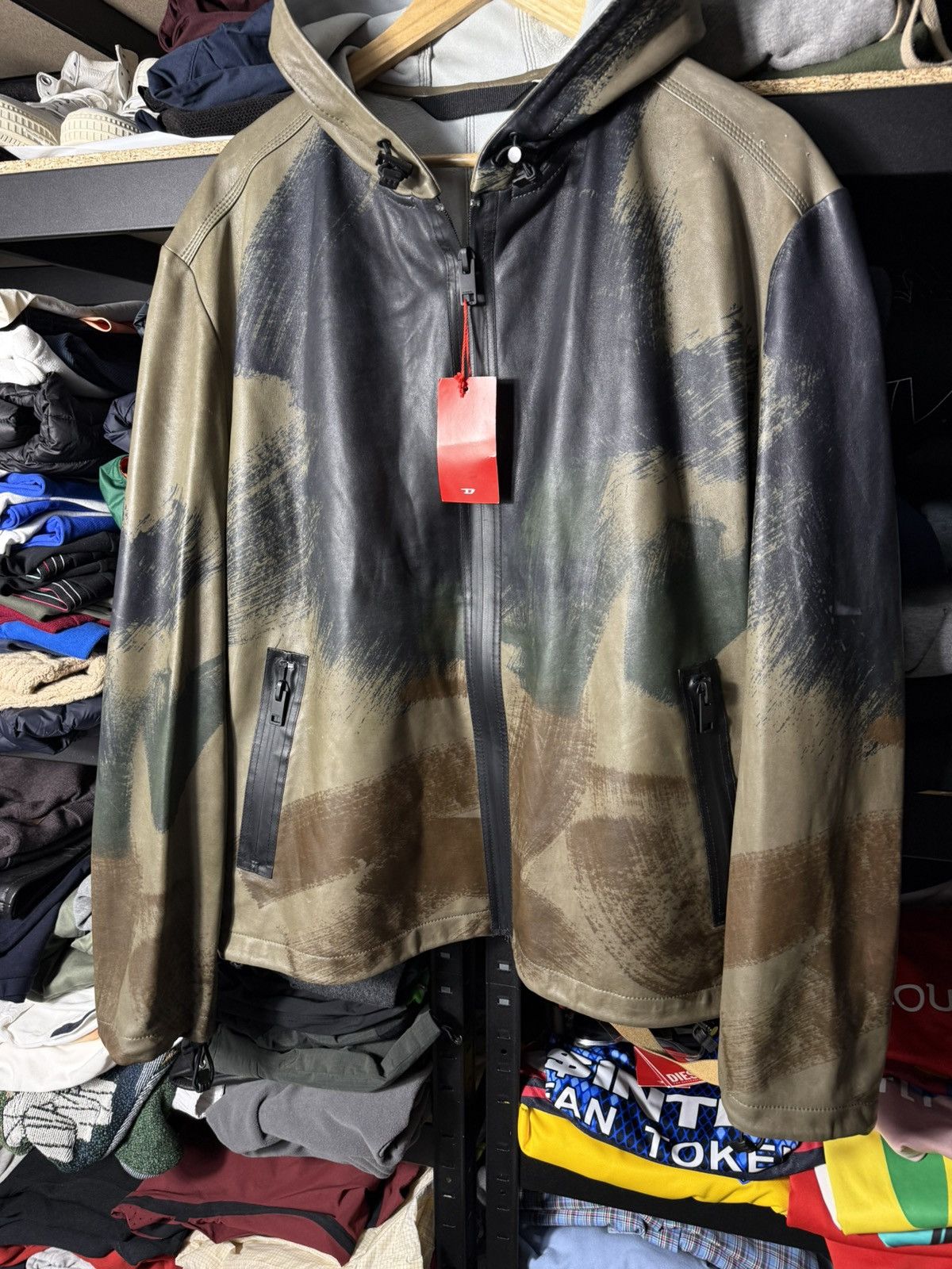 Diesel Diesel Leather Jacket Camo Print Hooded Sheepskin Full Zip Size US XXL / EU 58 / 5 - 5 Thumbnail