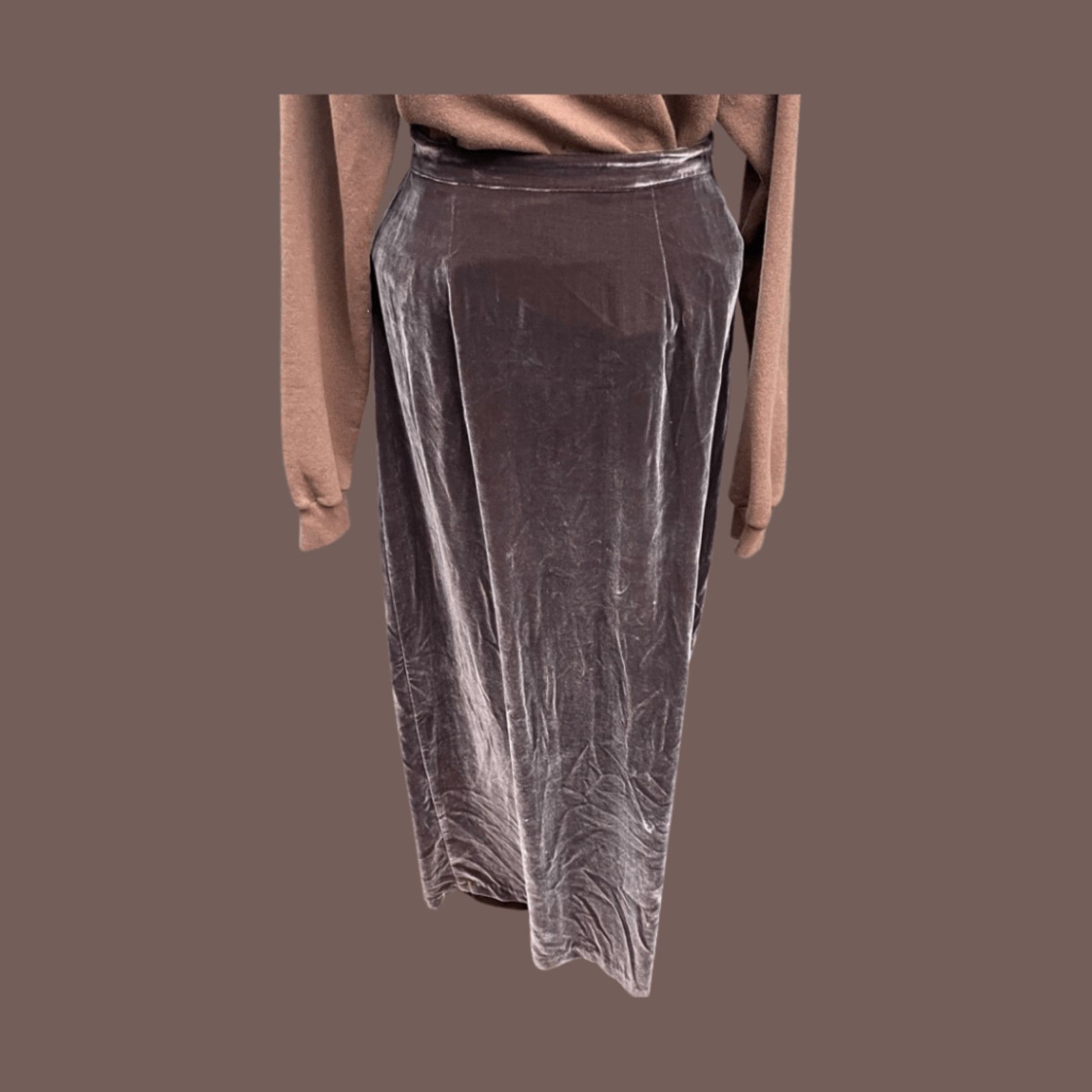 Vintage VTG Maxi Skirt | Taryn De Chellis Brown Velour 90s Academia Size 26" / US 2 / IT 38 - 2 Thumbnail