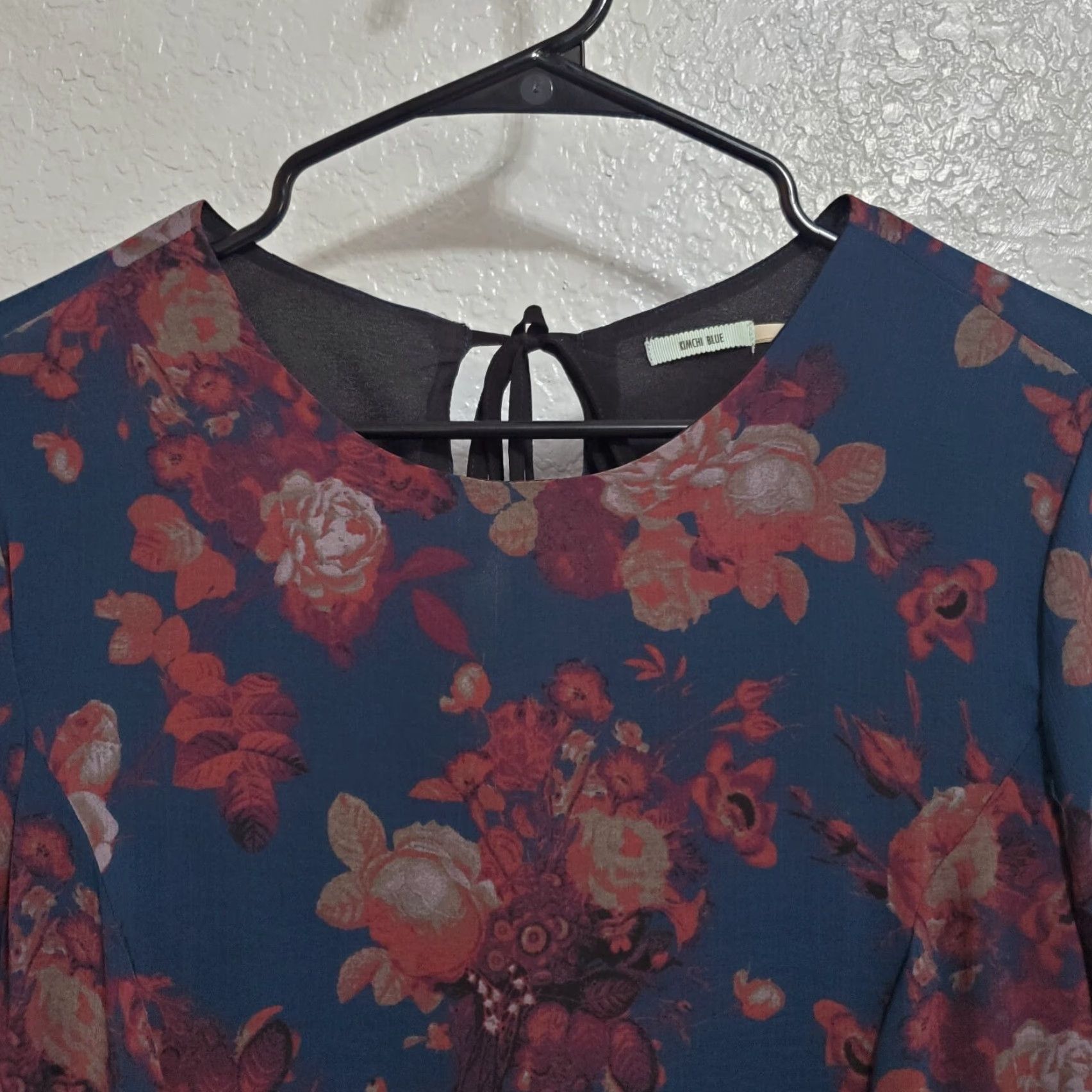 Vintage Kimchi Blue Dress Women L Blue Floral A Line Sheer Long Sleeves Lined Tie Back Eyelash Hem Boho Casual Party/Cocktail Travel Size L / US 10 / IT 46 - 4 Thumbnail