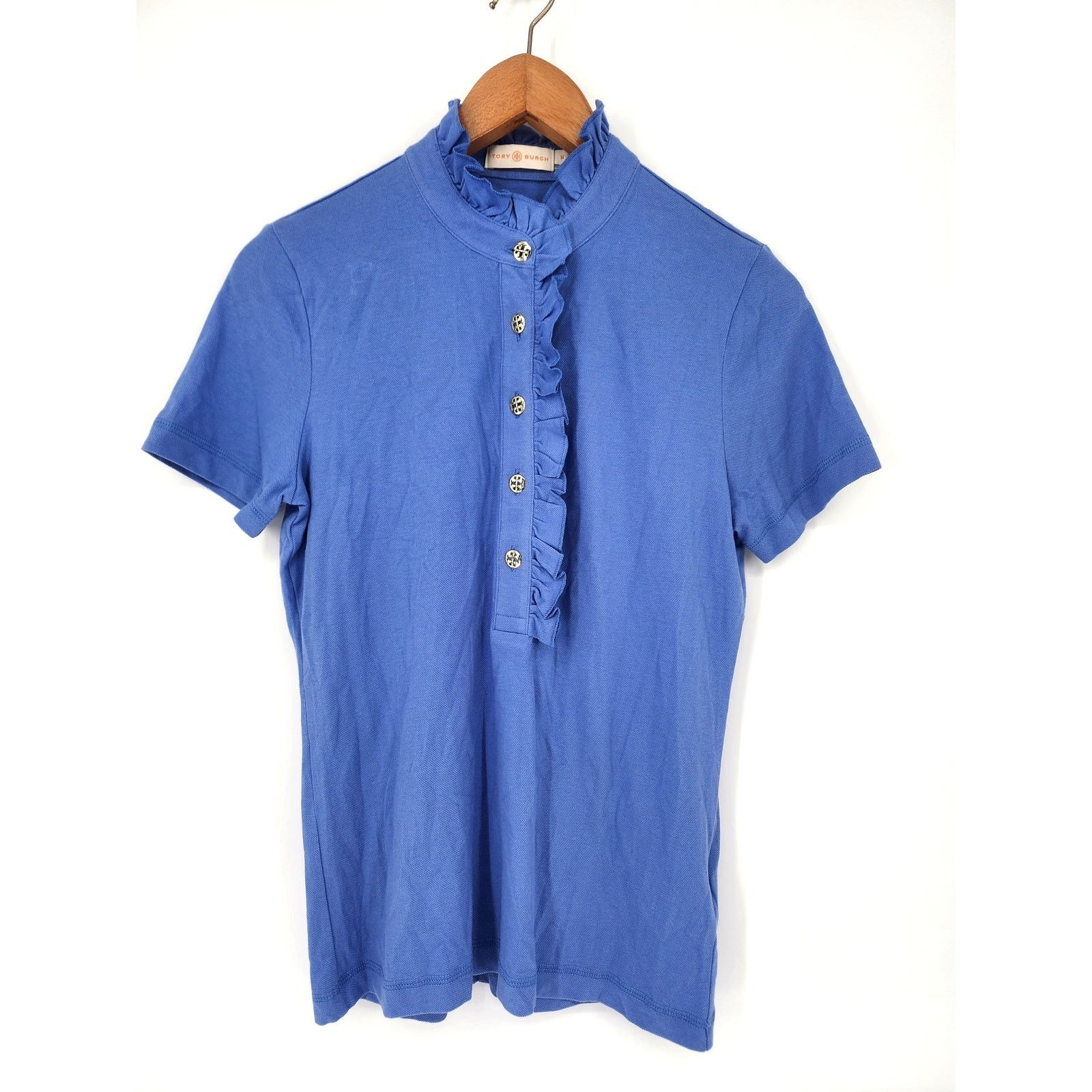 Tory Burch Blue Lydia Ruffle Polo Shirt Women's Size Medium