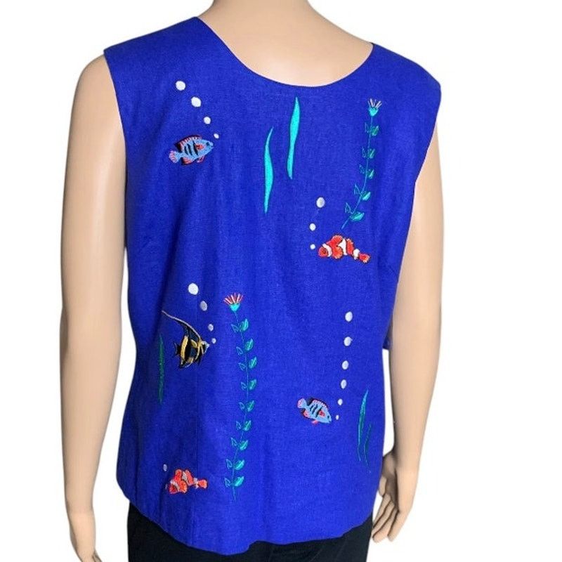 Other Women's Top Size 10 Top Linen Blend Ocean Fish Embroidered Size L / US 10 / IT 46 - 1 Thumbnail