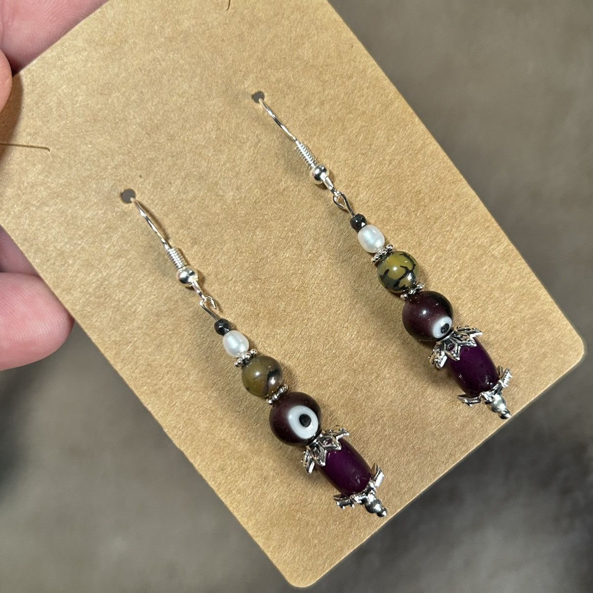 Handmade Handcrafted elegant vintage bead cat eye glass earrings Size ONE SIZE - 1 Thumbnail