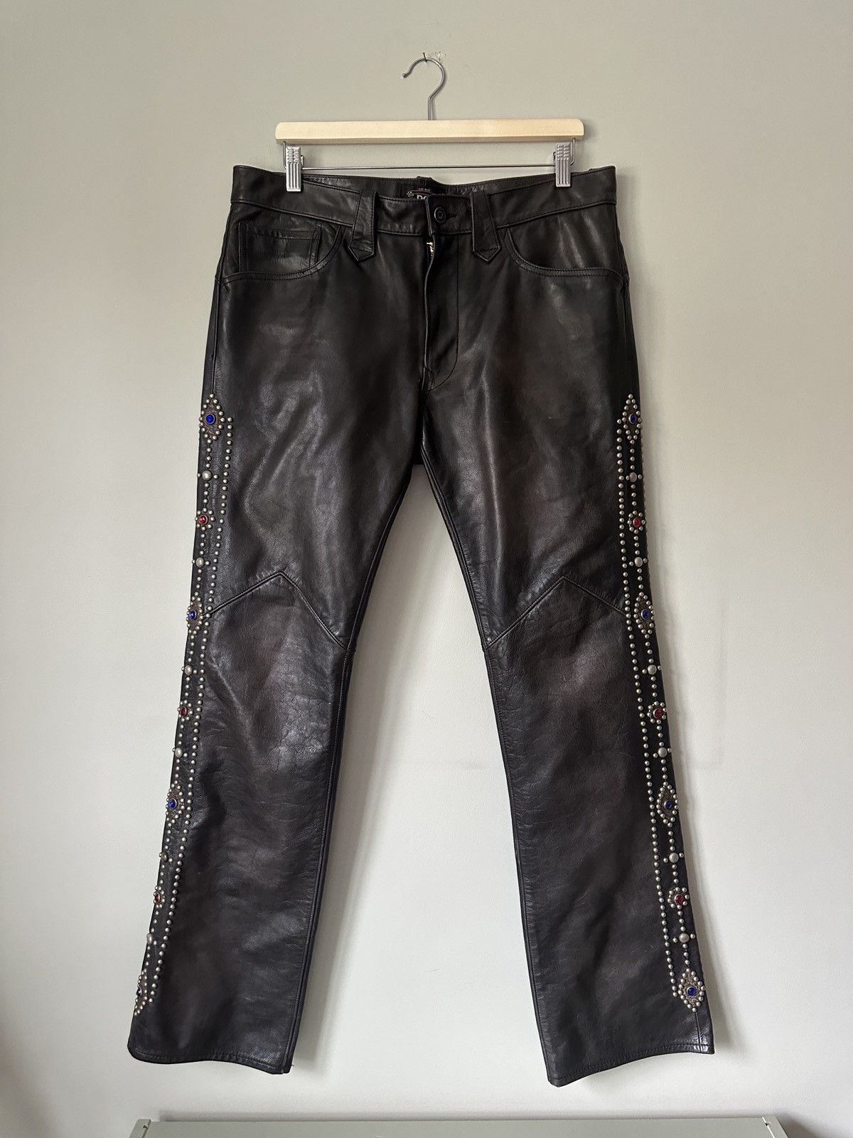 RRL Ralph Lauren Double RL Bejewelled Leather Pants Size US 33 - 2 Thumbnail