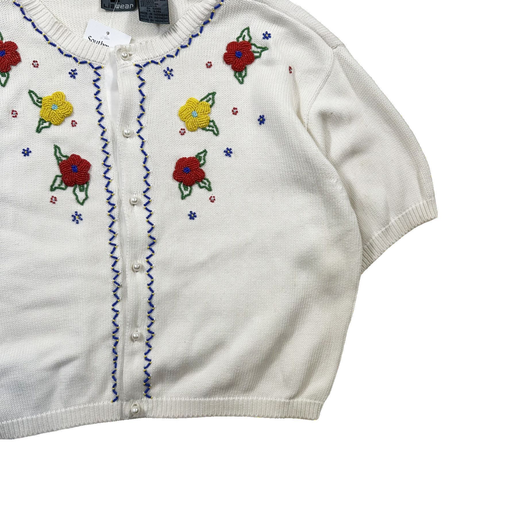 Vintage Vintage 90s Liz Wear Beaded Floral Button Up Knit Sweater Size S / US 4 / IT 40 - 3 Thumbnail