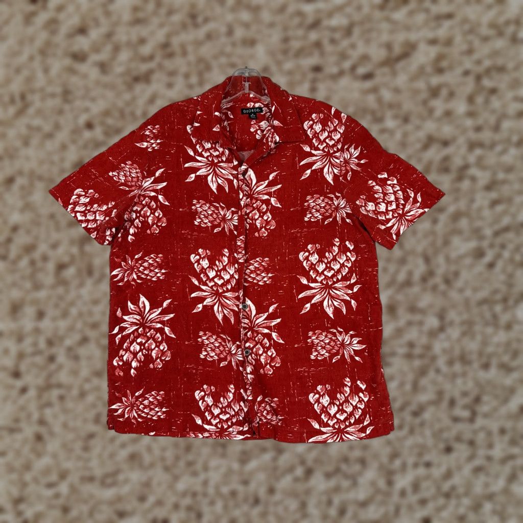 George George Shirt Adult Medium Red White Floral Button Up Hawaiian 100% Rayon Size US M / EU 48-50 / 2 - 1 Thumbnail