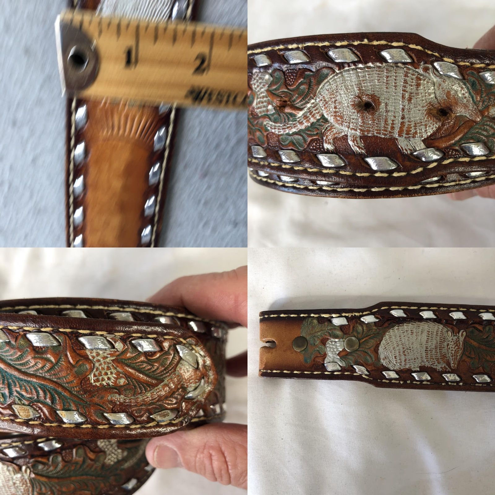 Vintage Belt Mens 36 Brown Leather Western Armadillo Studded Name BOB Animal Design Size 36 - 8 Thumbnail