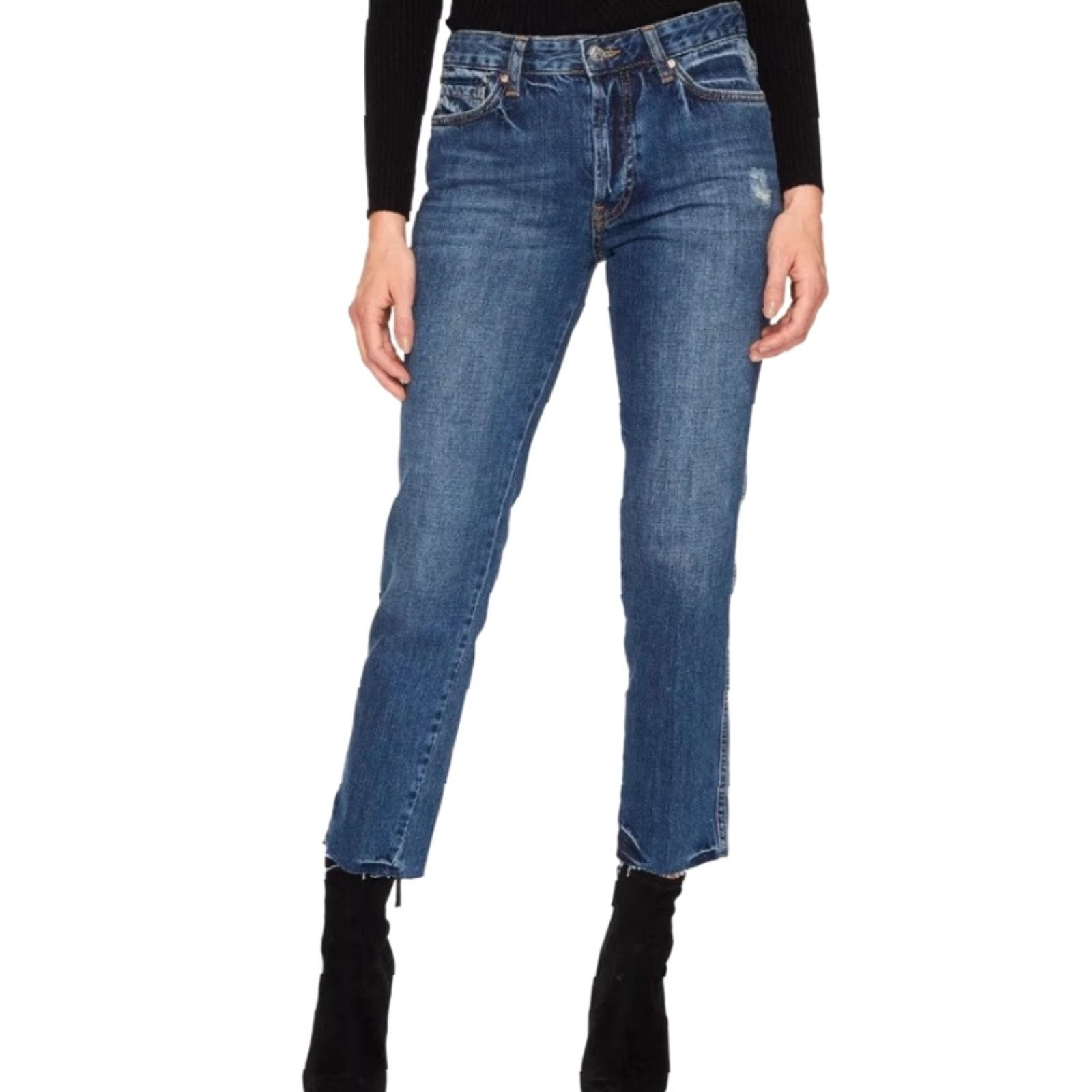 Free People We The Free Slim Boyfriend Distressed Raw Hem Jeans 27 Blue 100% Cotton Womens Regular Jeans 26.5 Inseam Size 27" / US 4 / IT 40 - 3 Thumbnail