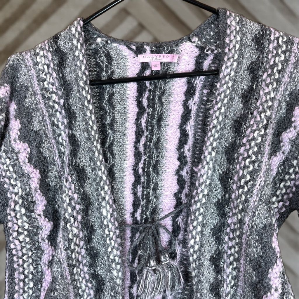 Calypso Cardigan Sweater Pink Gray Open Front 100% Alpaca Bell Sleeve S Womens Knit Casual Formal Travel Boho 90s?