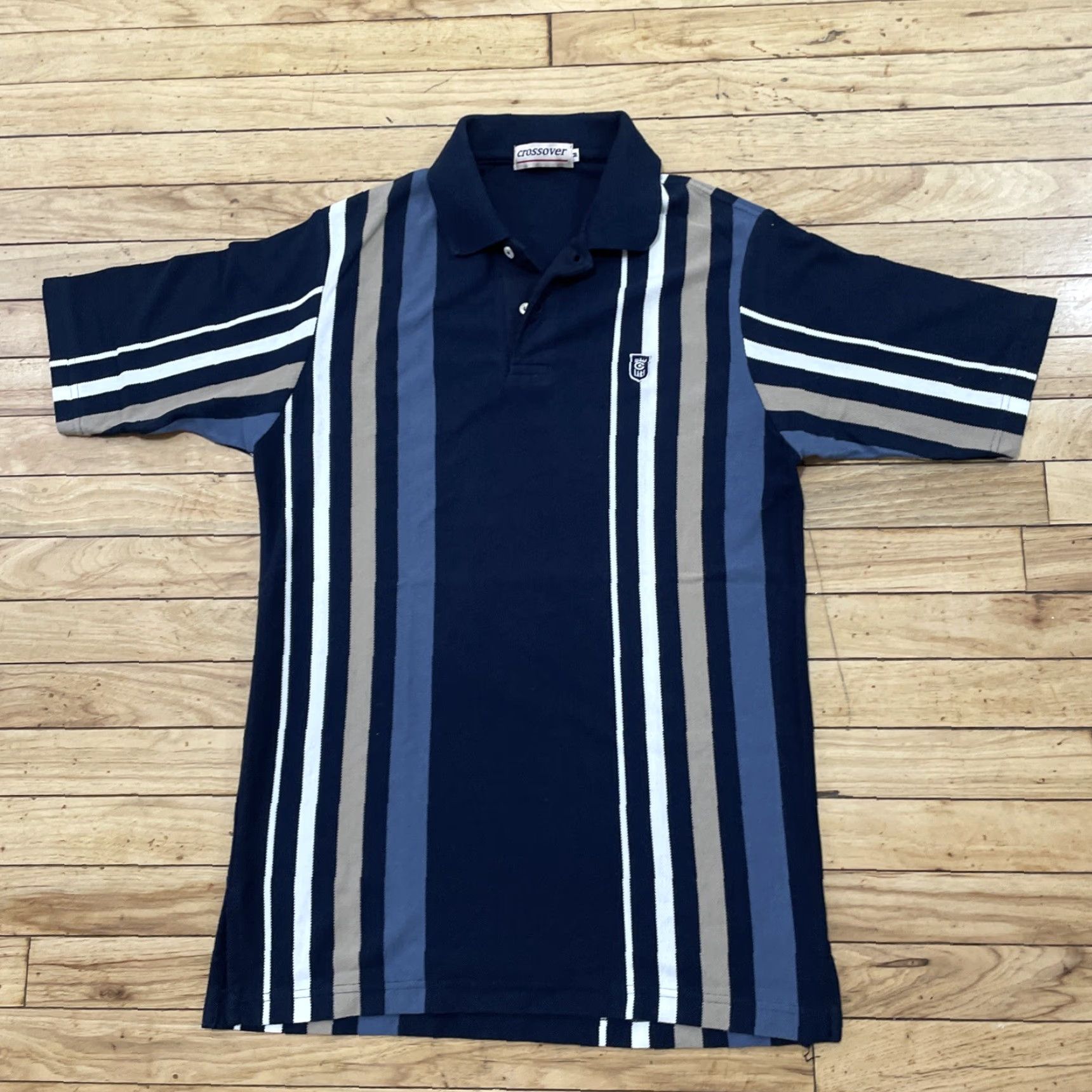 Vintage vtg CROSSOVER Knit Polo Shirt Men M Blue Tan Vertical Stripe Retro 60s 70s Sport Size US M / EU 48-50 / 2 - 3 Thumbnail