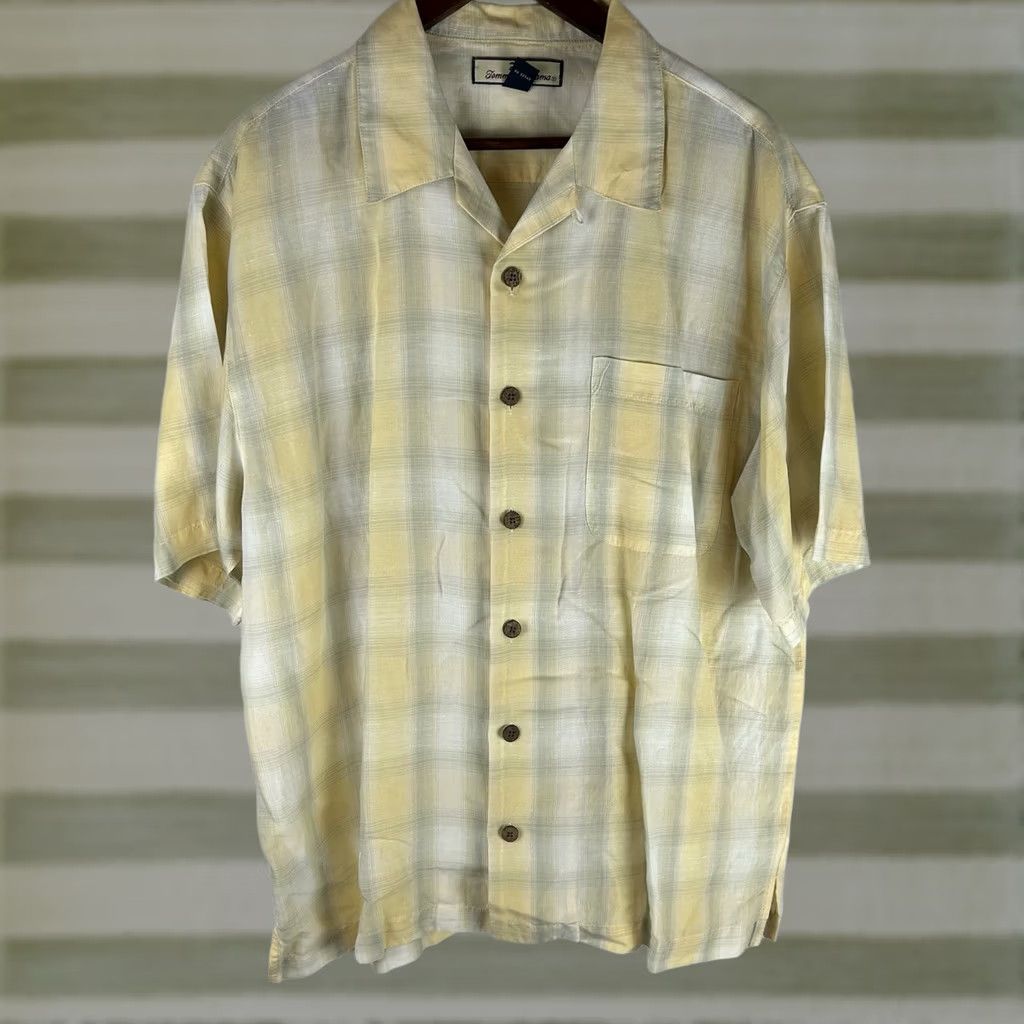 Tommy Bahama Tommy Bahama Linen Blend Camp Shirt Mens Medium Plaid Yellow Short Sleeve Shirt Size US M / EU 48-50 / 2 - 1 Thumbnail