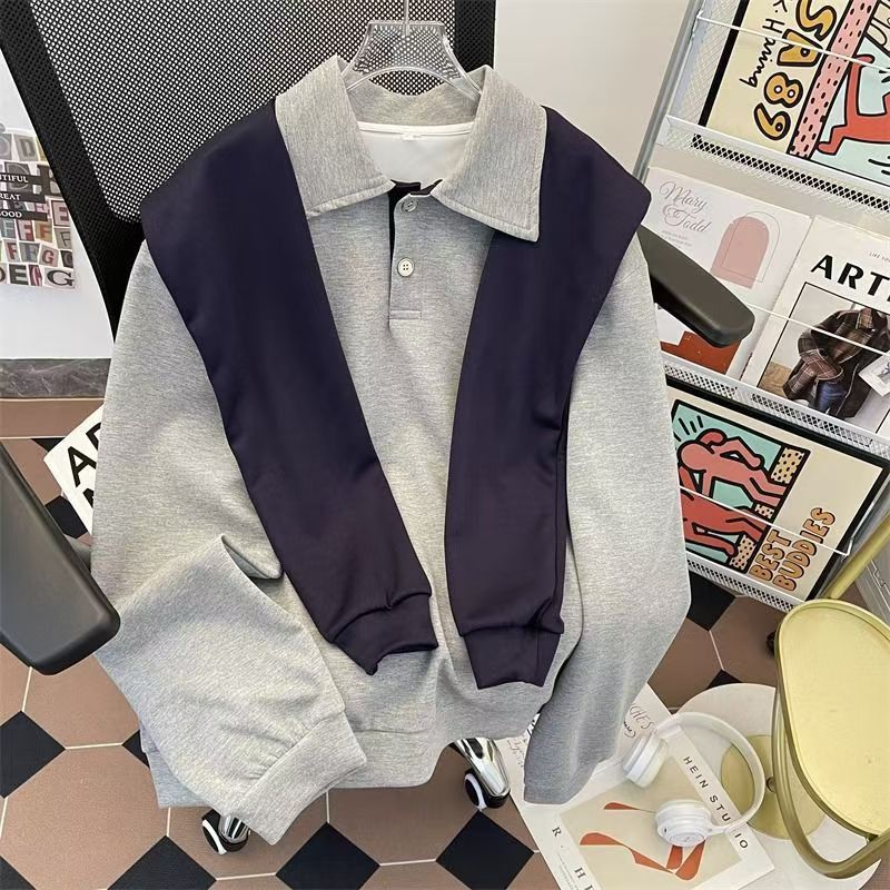 Vintage Grey & Navy Fake Two-Piece Polo Sweatshirt Size US M / EU 48-50 / 2 - 2 Thumbnail