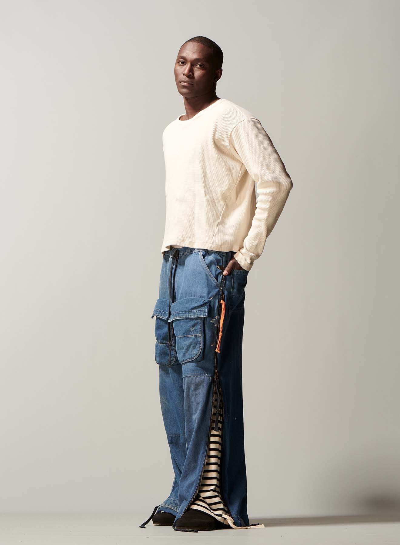 Greg Lauren Greg Lauren Denim/ Stripe Wide Leg Lounge Zip Pants Size US 42 / EU 58 - 4 Thumbnail