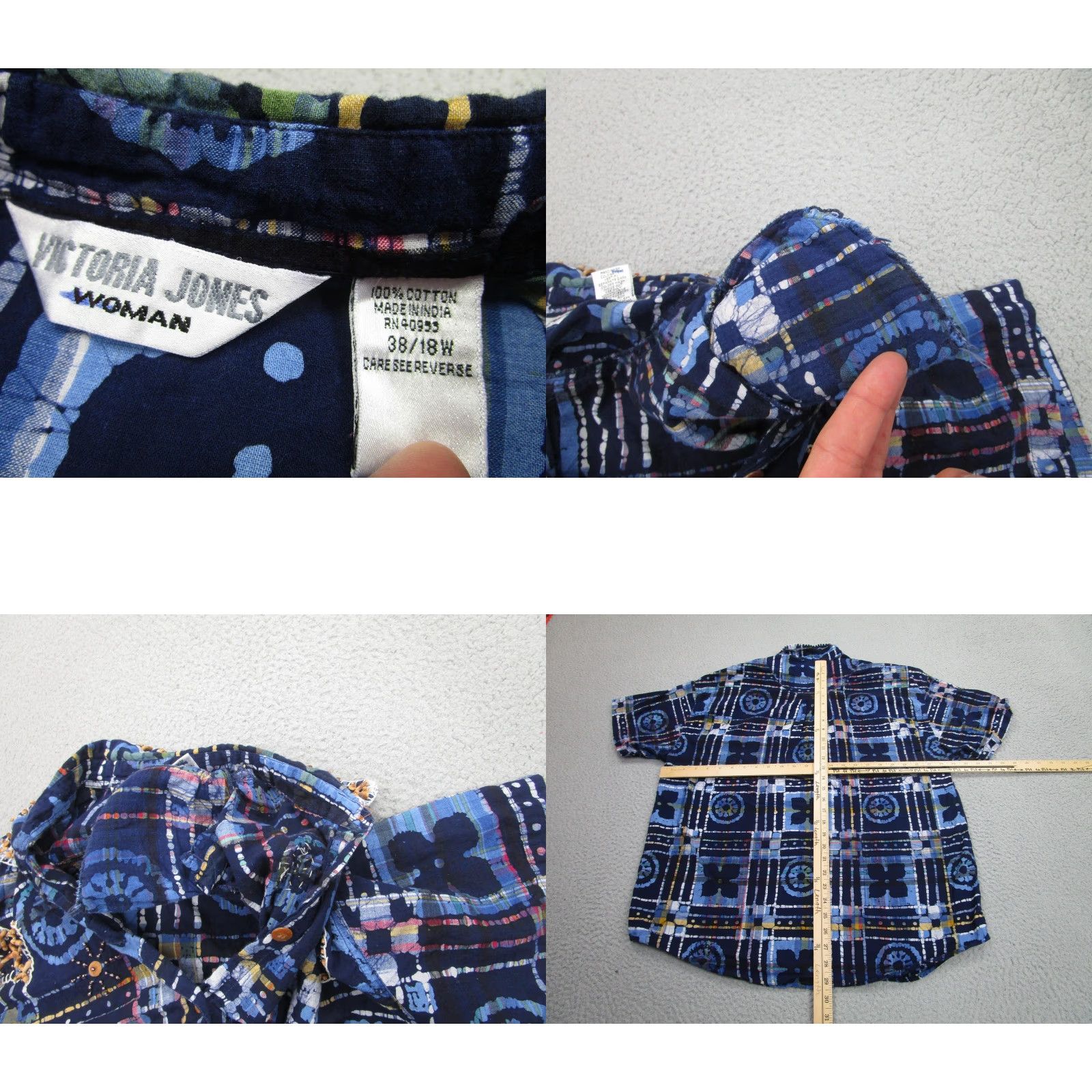 Vintage Victoria Jones Shirt Womens 18W Blue Beaded Embroidered Geometric Boho Festive Size XXL / US 16-18 / IT 52-54 - 8 Thumbnail