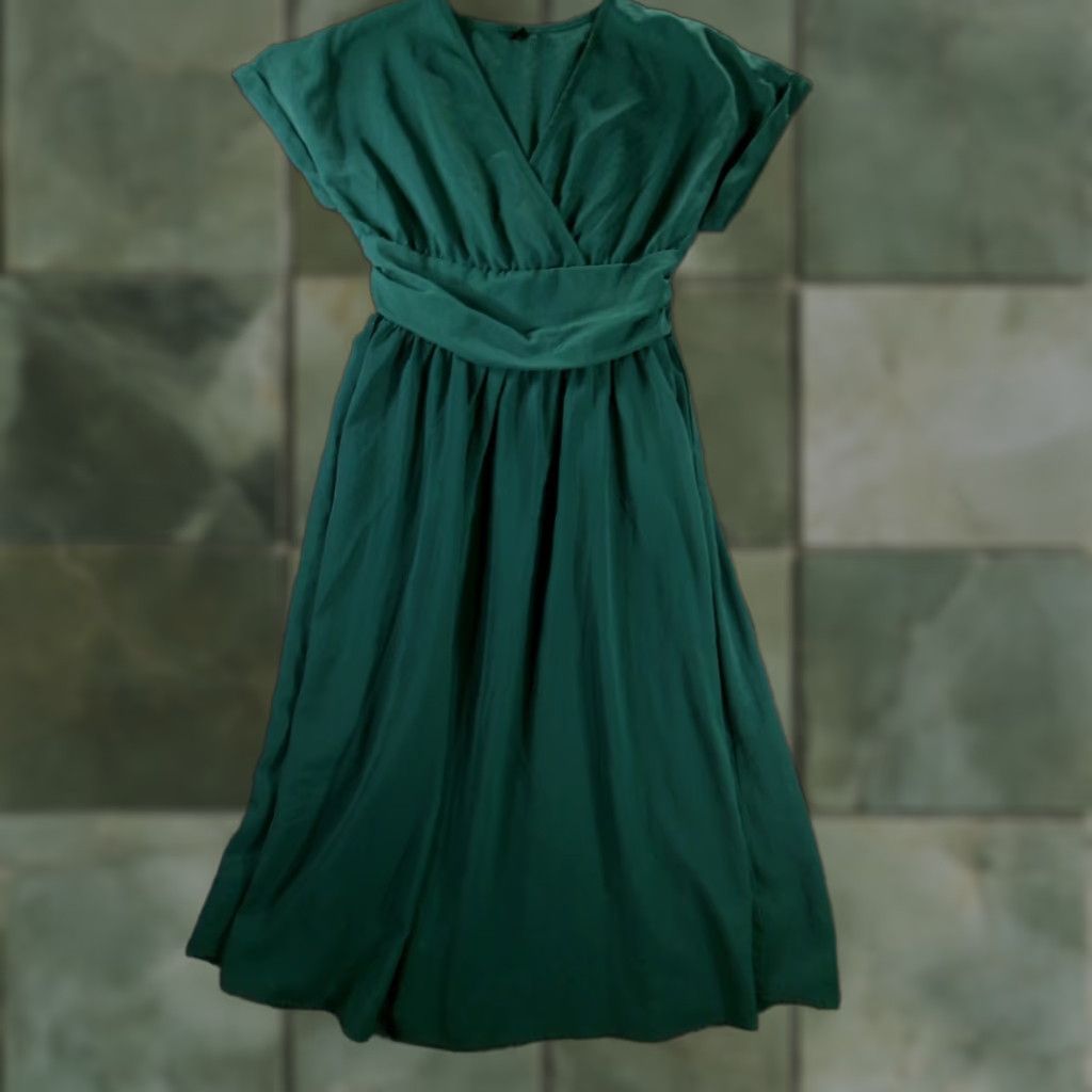 Vintage GOMORN Dress Women XL Green Wrap V-Neck Smocked Waist Maxi Cap Sleeve Fit Size XL / US 12-14 / IT 48-50 - 1 Thumbnail