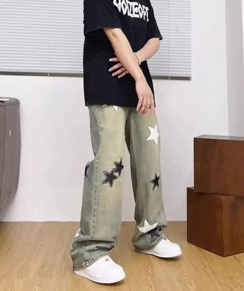 Jean Street Star Embroidered Drape Distressed Jeans Size US 30 / EU 46 - 1 Thumbnail