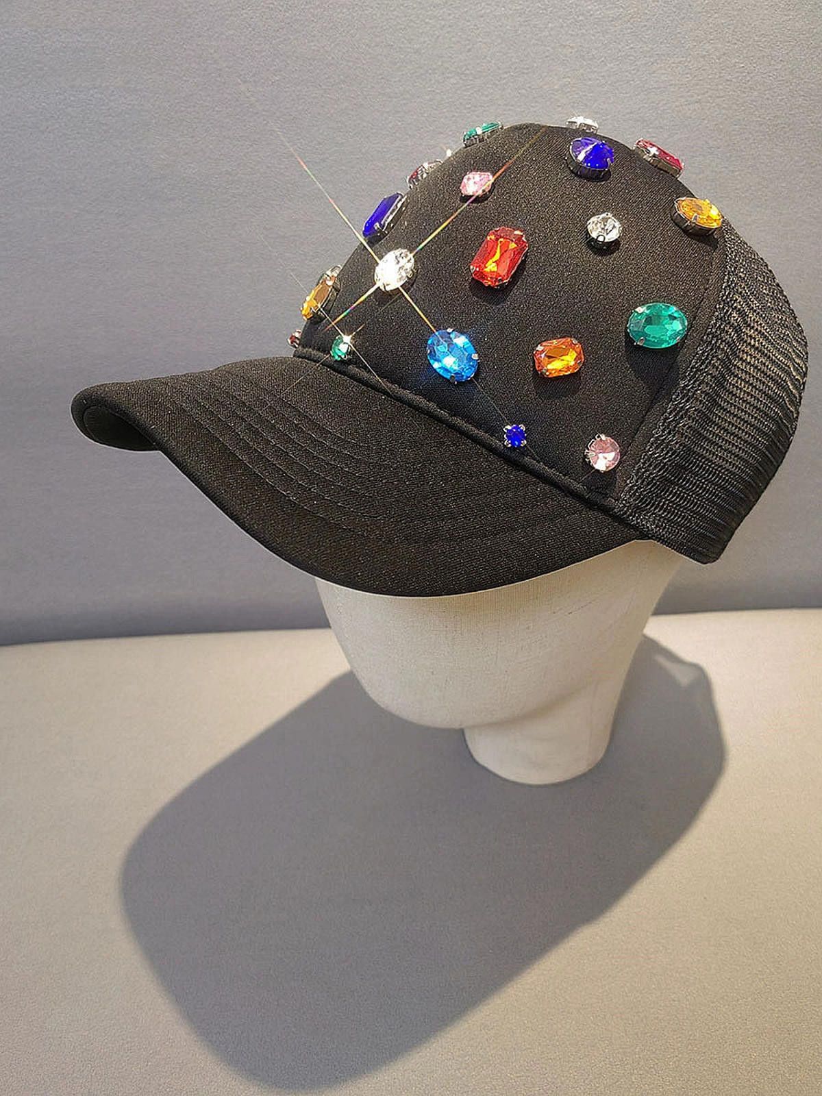 Other Black Embellished Mesh Back Cap, Colorful Rhinestone Hat Size ONE SIZE - 4 Thumbnail