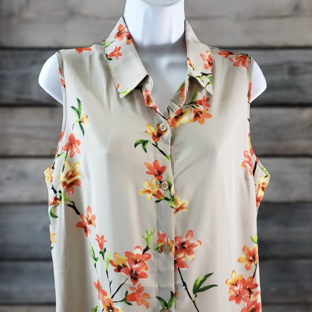 Vintage Susan Graver Womens Button Front Shirt Sz 10 Beige Orange Floral Sleeveless Blouse Size L / US 10 / IT 46 - 1 Thumbnail
