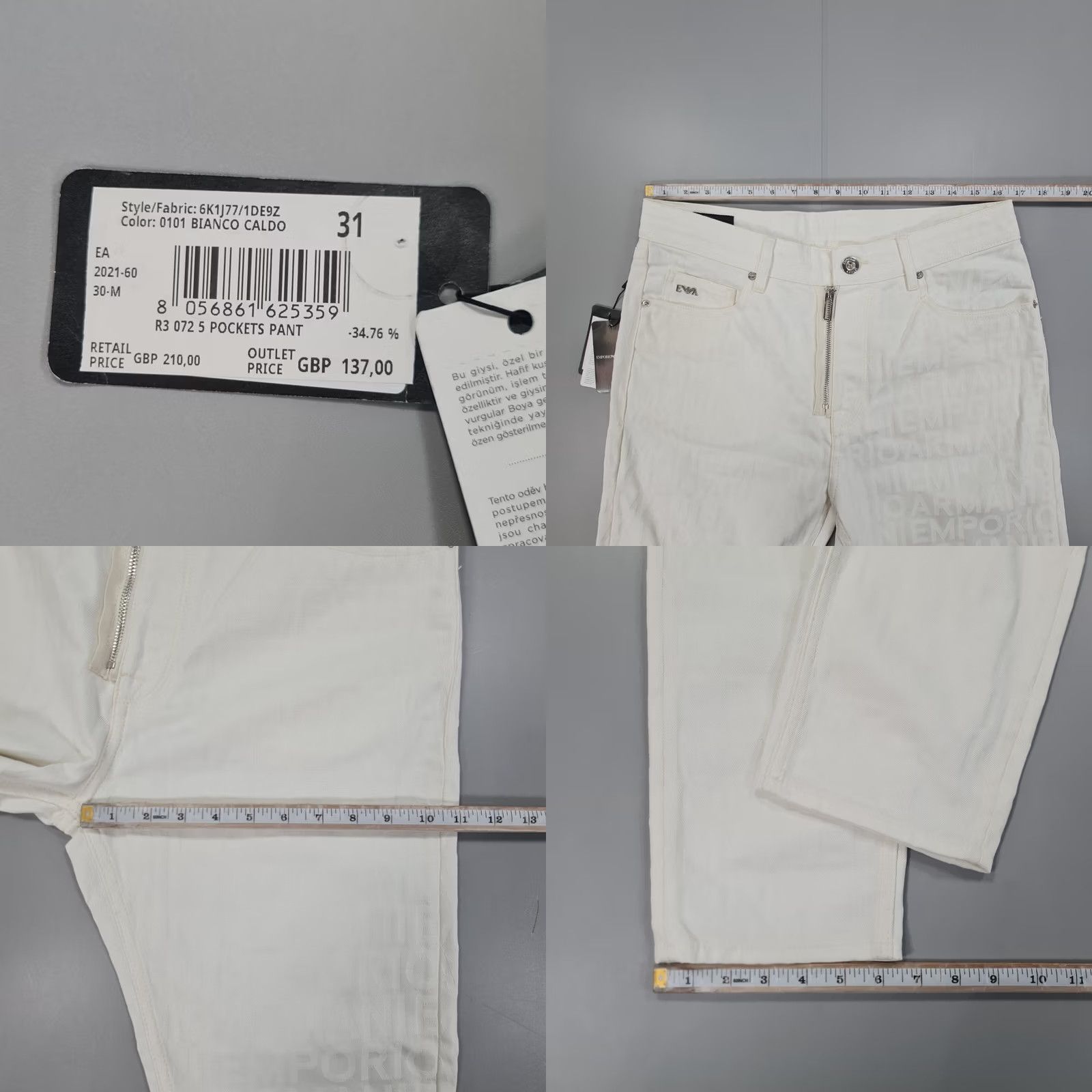 Emporio Armani Emporio Armani Jeans White W31 L28 Loose Fit Logo 5-Pocket Denim Cotton Casual Mens Jeans W31 L28 Regular Fit Jeans Size US 31 - 8 Thumbnail