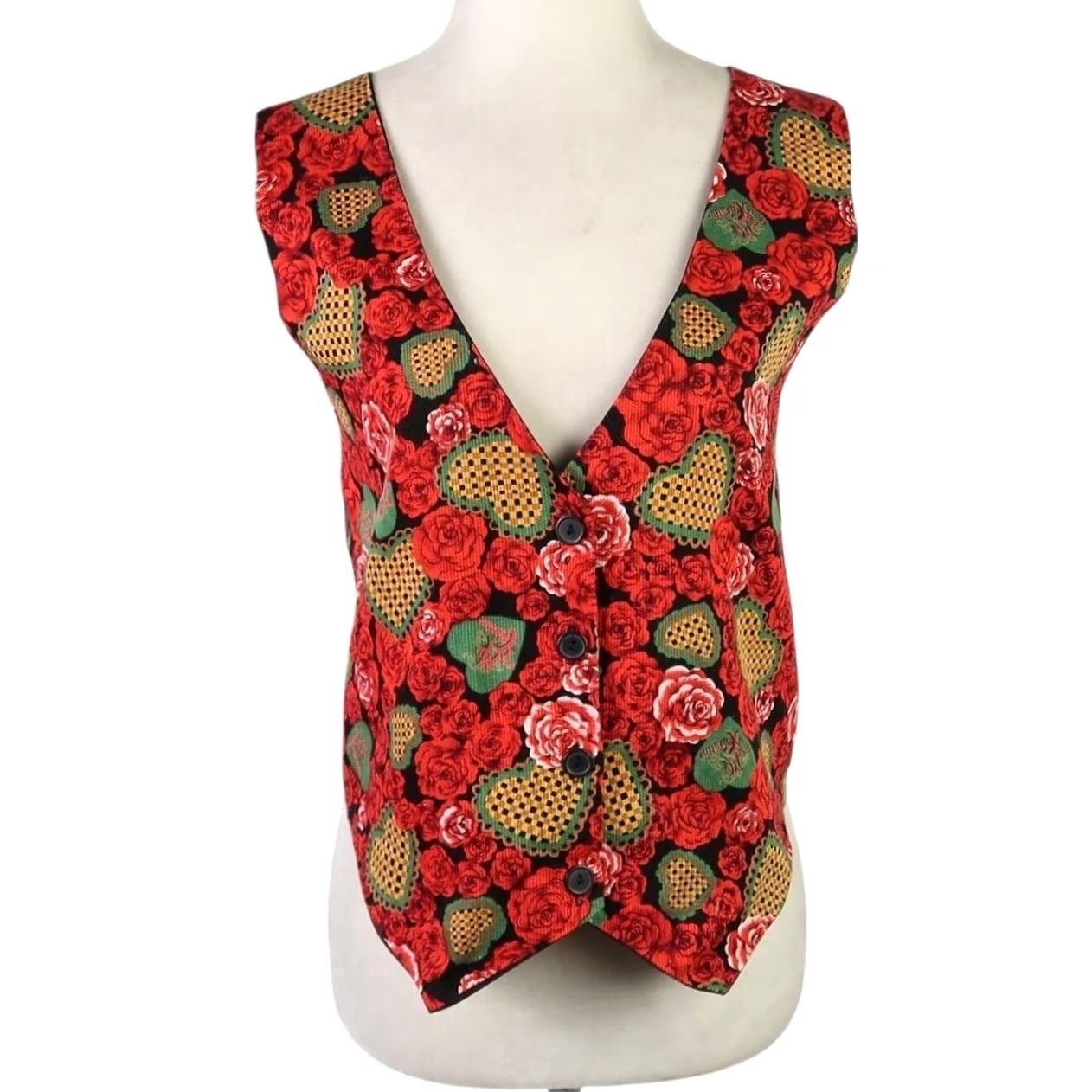 Vintage VINTAGE 90s Red Rose Heart Print Vest L Women's Sleeveless Button Back Cinch Waist Cotton Floral Short Jacket/Coat Fall Spring Fashion Size L / US 10 / IT 46 - 2 Thumbnail