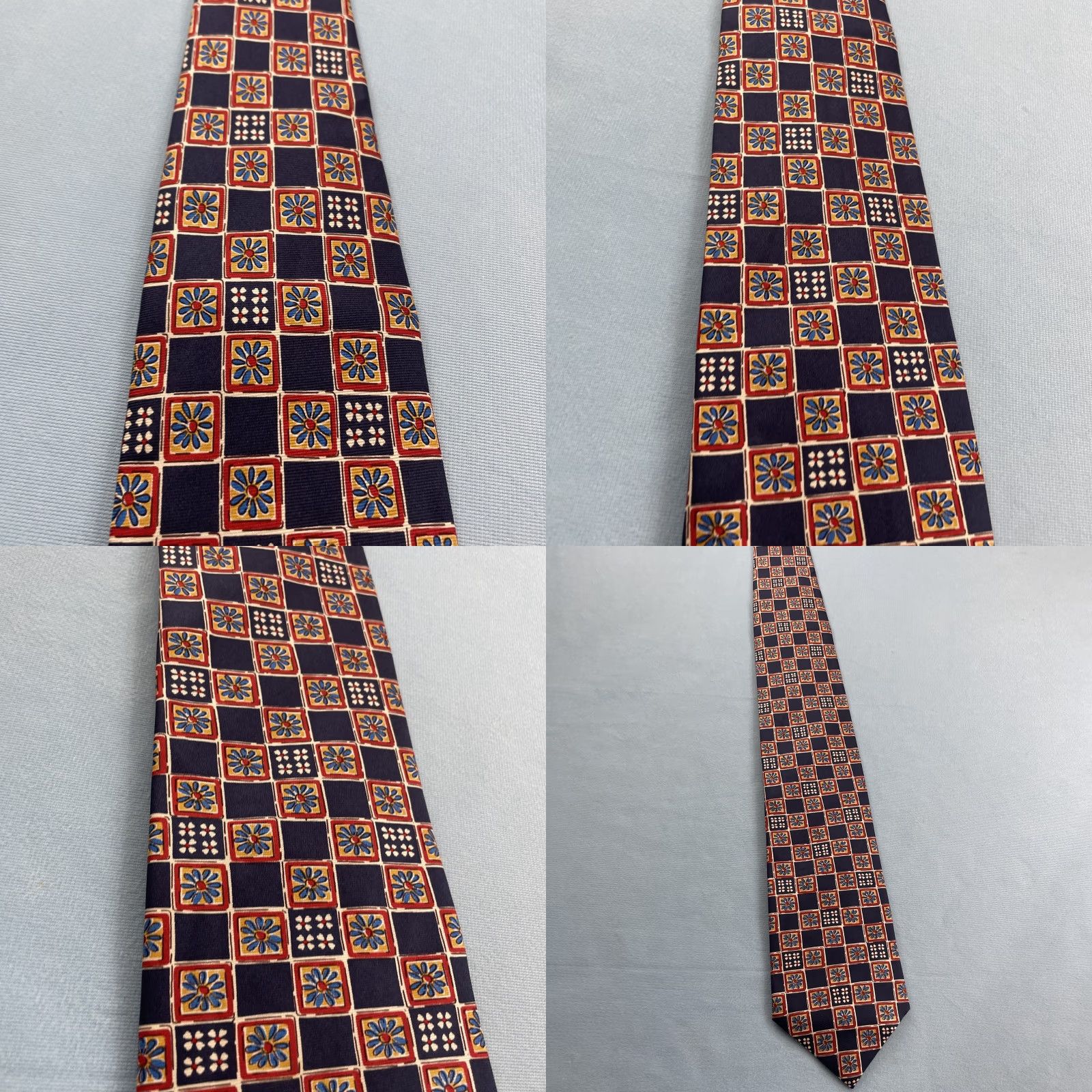 Vintage VINTAGE Frederick Theak Silk Tie England Navy Red Orange Macclesfield Neat Floral 3.7x57 Micro Print Foulard Business Wedding Church Neck Tie Mens Size ONE SIZE - 10 Thumbnail