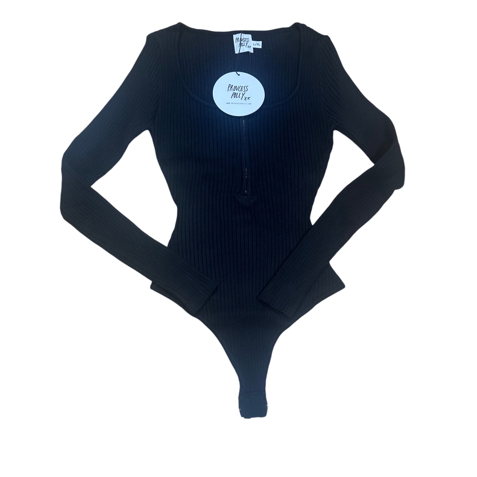 PRINCESS POLLY Princess Polly Ribbed Bodysuit Long Sleeve Black Size Large Size XL / US 12-14 / IT 48-50 - 2 Thumbnail