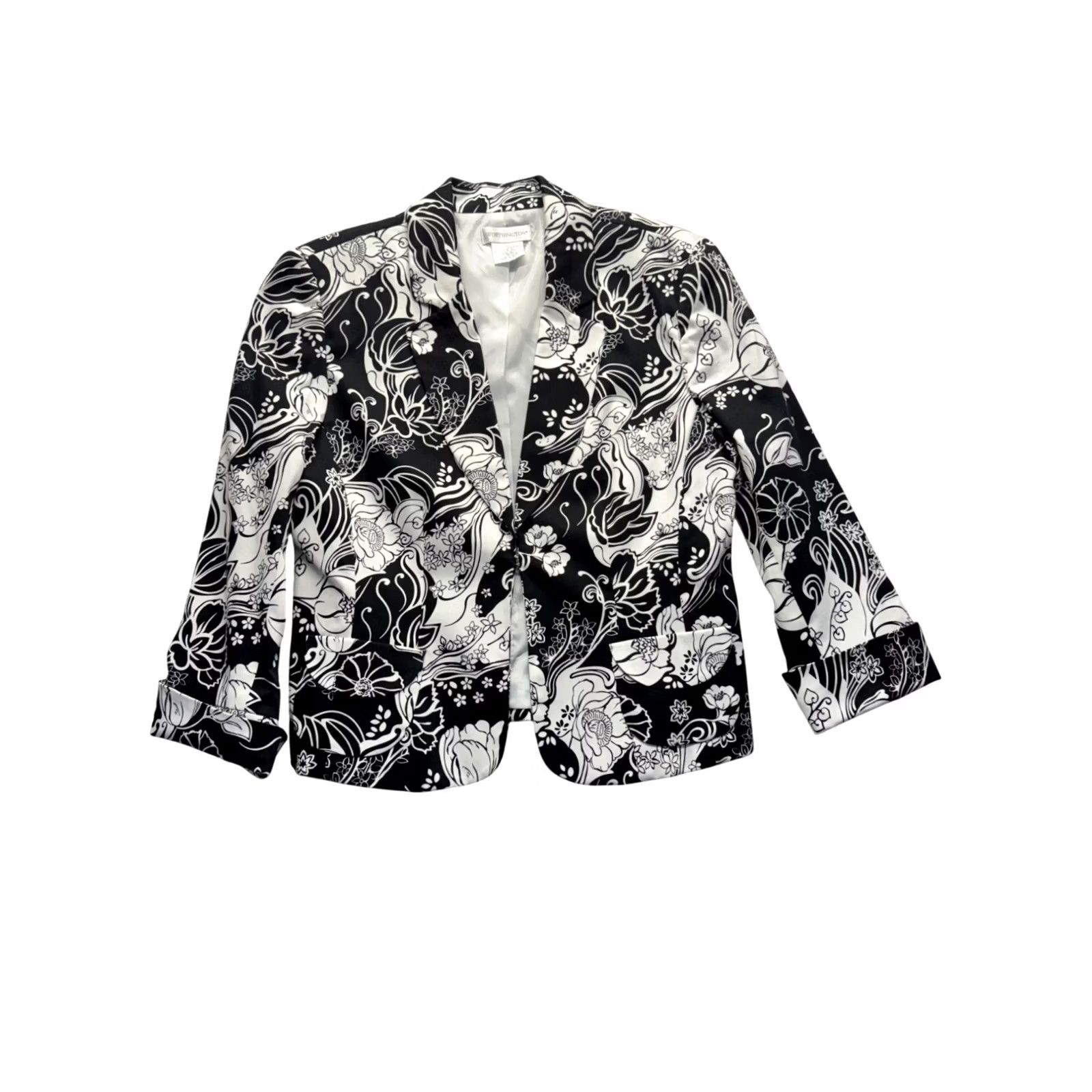 Worthington Worthington Blazer Unisex Adults Floral Print Black & White 12 Polyester 3/4 Sleeve Hook-and-Eye Fully Lined Size 12 Like New Size XL / US 12-14 / IT 48-50 - 2 Thumbnail