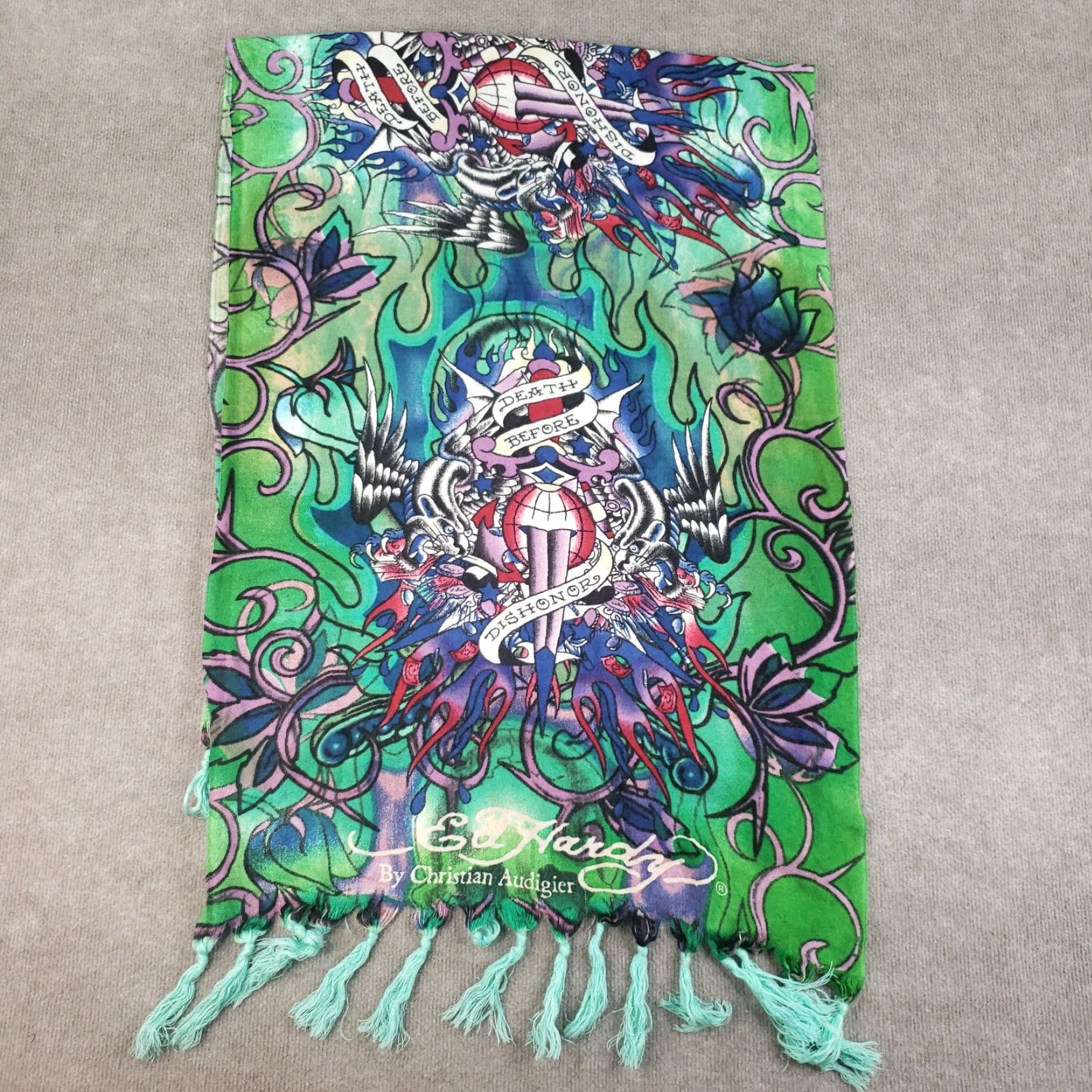 Ed Hardy VINTAGE Ed Hardy by Christian Audigier Scarf Women Rectangle 25x66 Green Geometric Y2K Size ONE SIZE - 5 Thumbnail