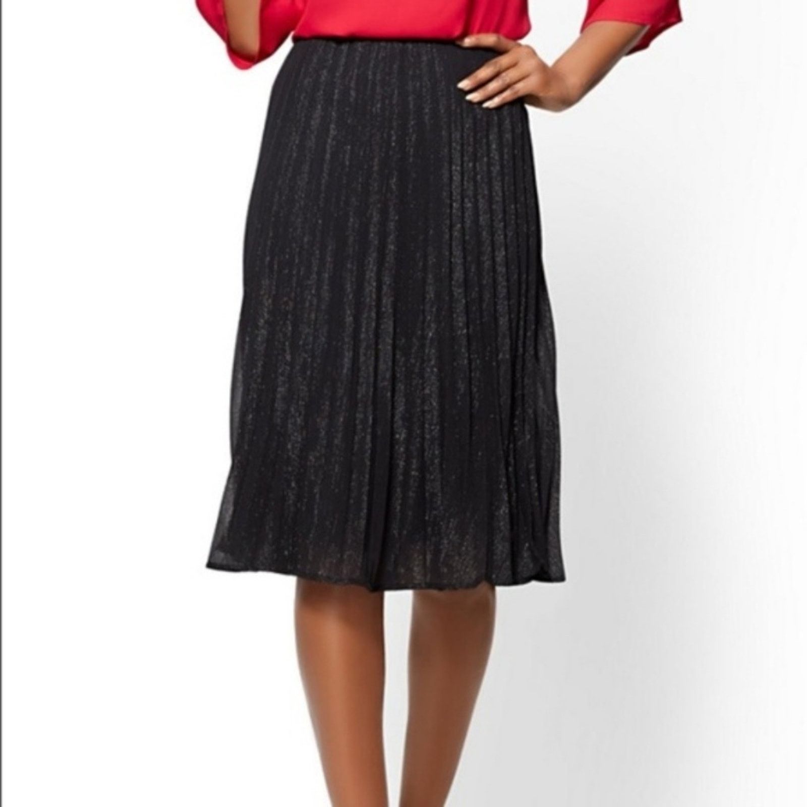 Other New York & Company Black Metallic Pleated Midi Skirt Size 28" / US 6 / IT 42 - 2 Thumbnail