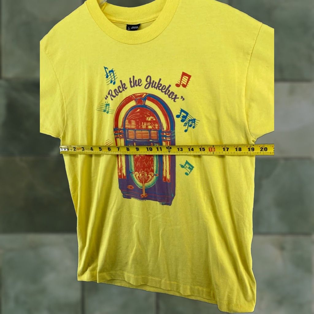 Fruit Of The Loom VINTAGE Fruit of the Loom Mens TShirt L Yellow USA MADE Rock The Jukebox Shirt Short Sleeve Crew Neck Graphic Print Size US L / EU 52-54 / 3 - 1 Thumbnail