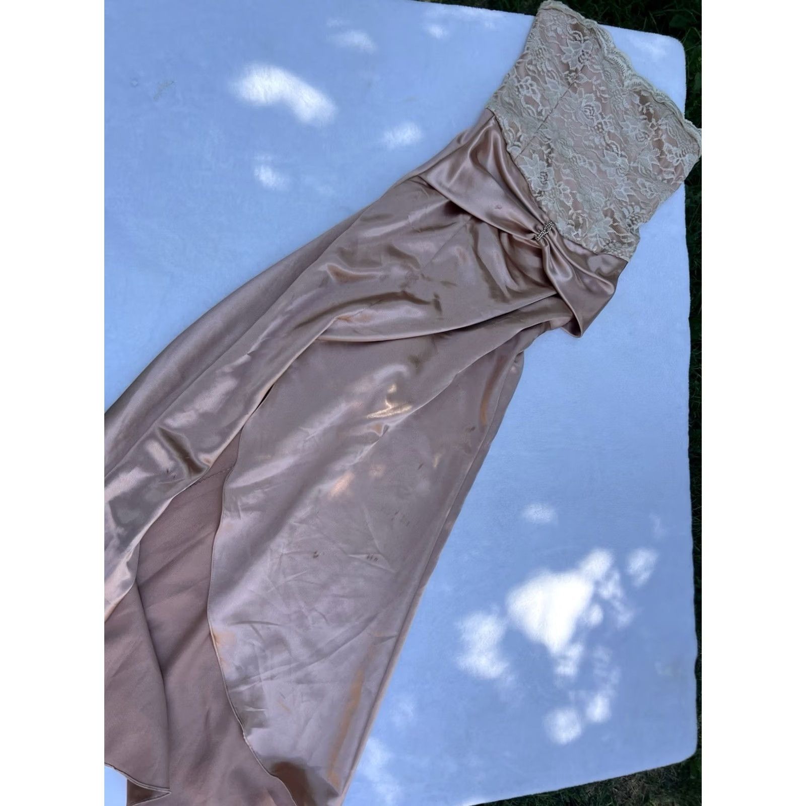 Vintage VINTAGE Dress Lace Satin Bustier Strapless Dusty Rose Pleated Beaded Rhinestone Square Neck Long A-Line Ball Gown 90s Women XS/S Ladies Size S / US 4 / IT 40 - 2 Thumbnail
