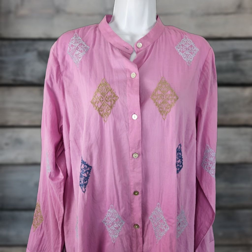 J. Jill J. Jill Button-Up Top Womens Embroidered Cotton Long Sleeve Pink Blue Sz M Size M / US 6-8 / IT 42-44 - 1 Thumbnail