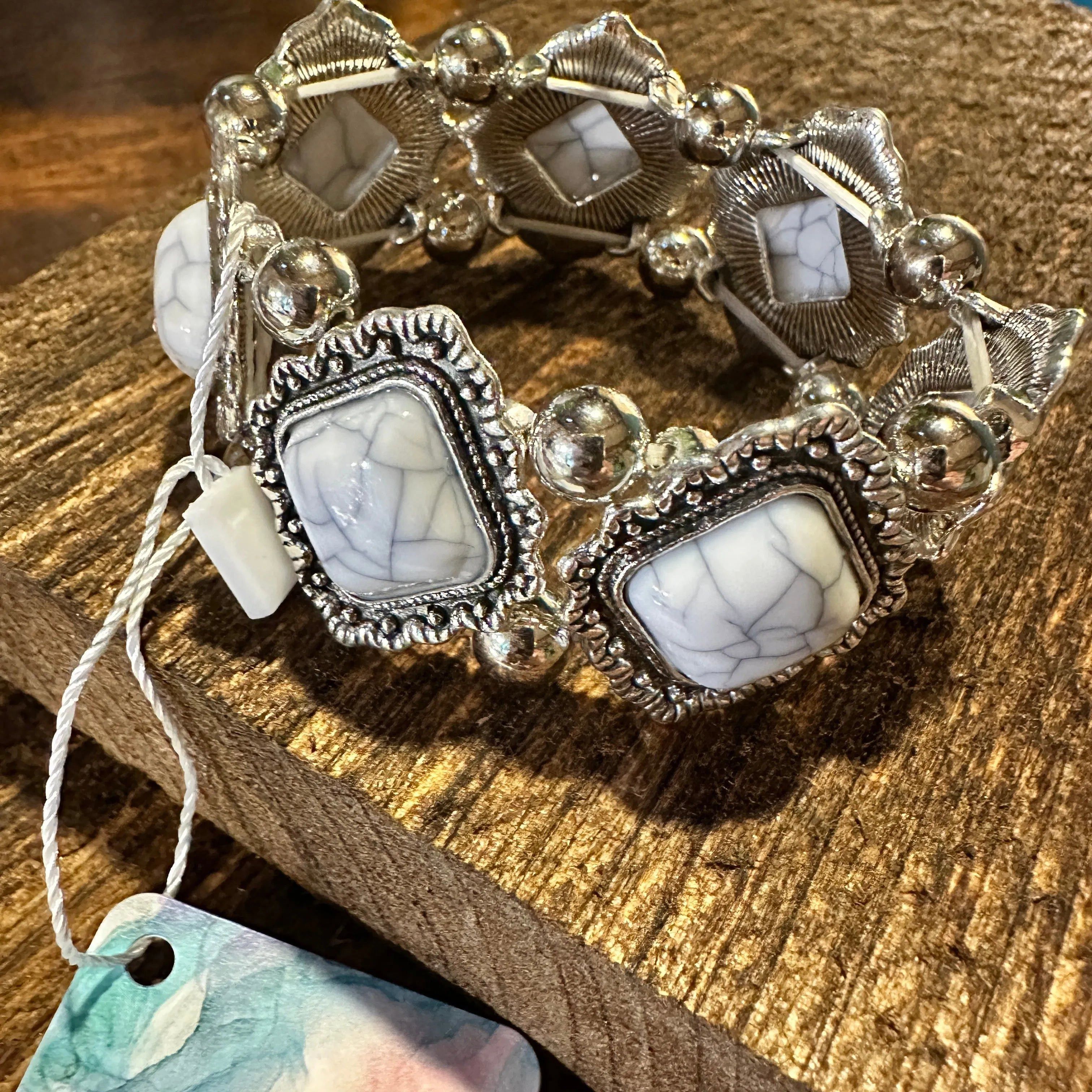 Other Handcrafted Boho White Stone Bangle, Stretch Bracelet Boho V Size ONE SIZE - 4 Thumbnail