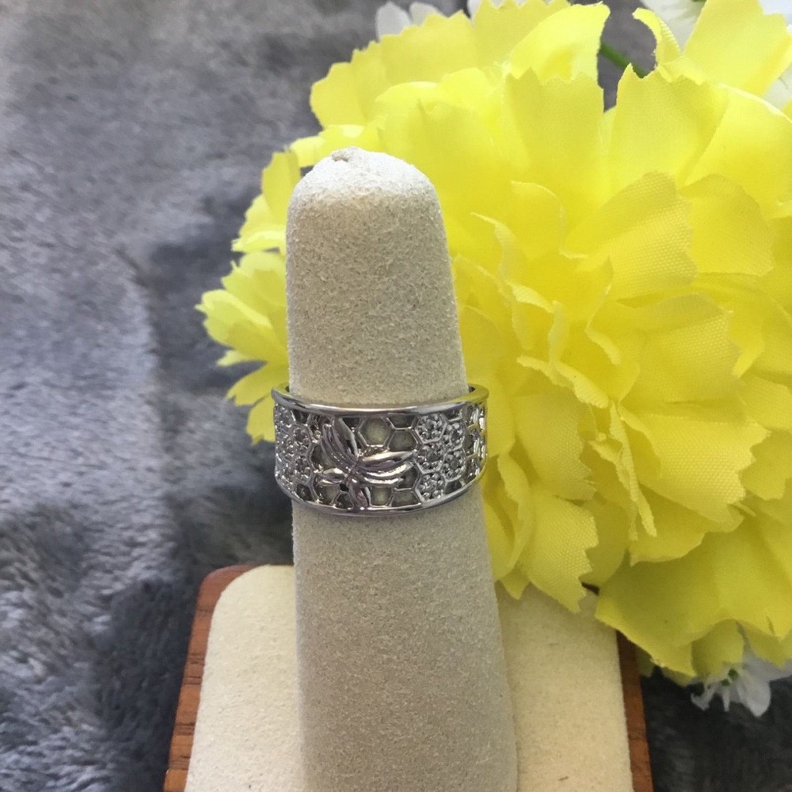 Other Sterling Silver Honeycomb Bee Crystals Ring Size ONE SIZE - 1 Thumbnail