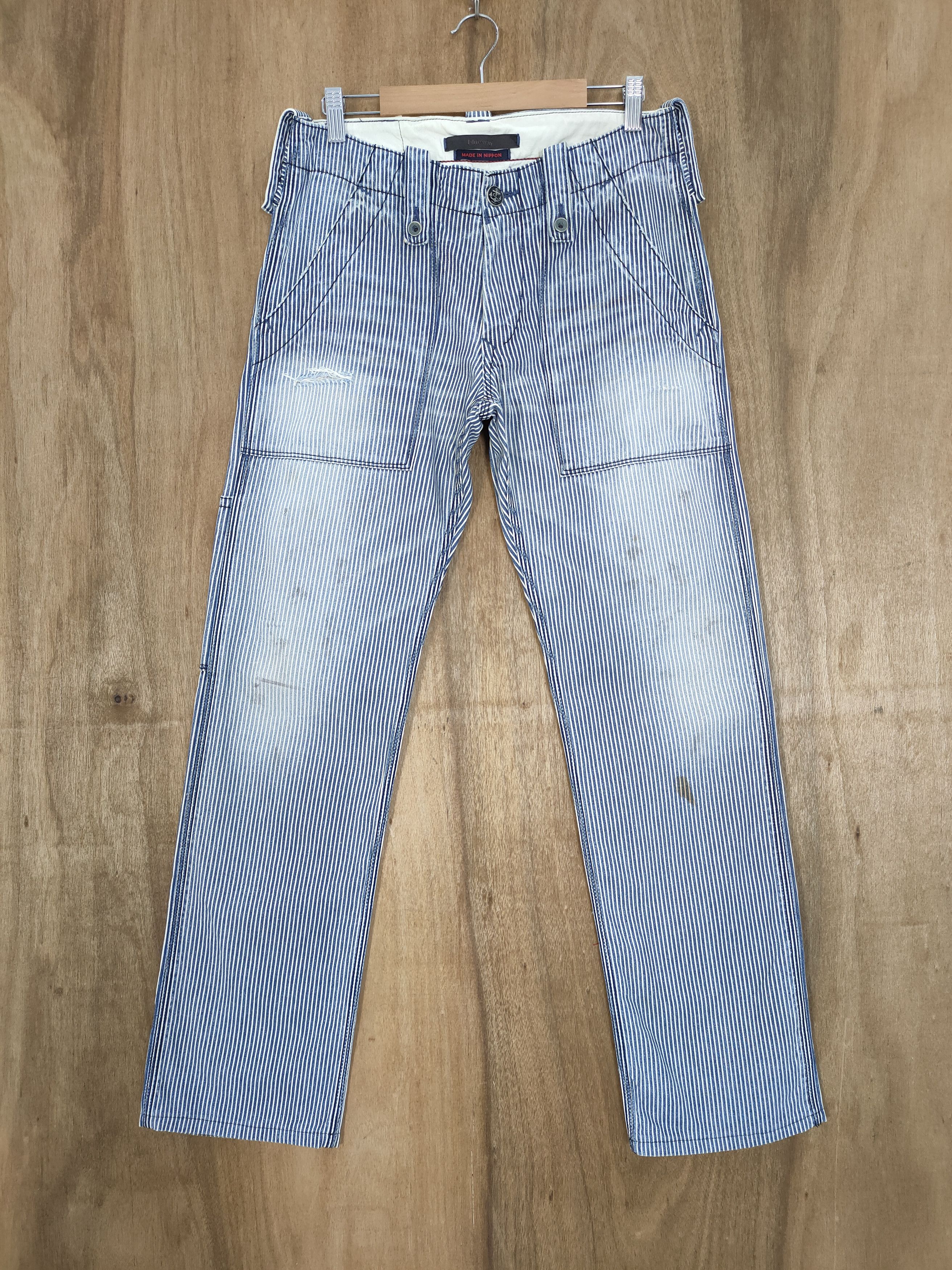 image of Blue Blue Japan x Overthestripes Vintage Made In Nippon Faded Hickory Stripe Bush Pants in Blue (Si