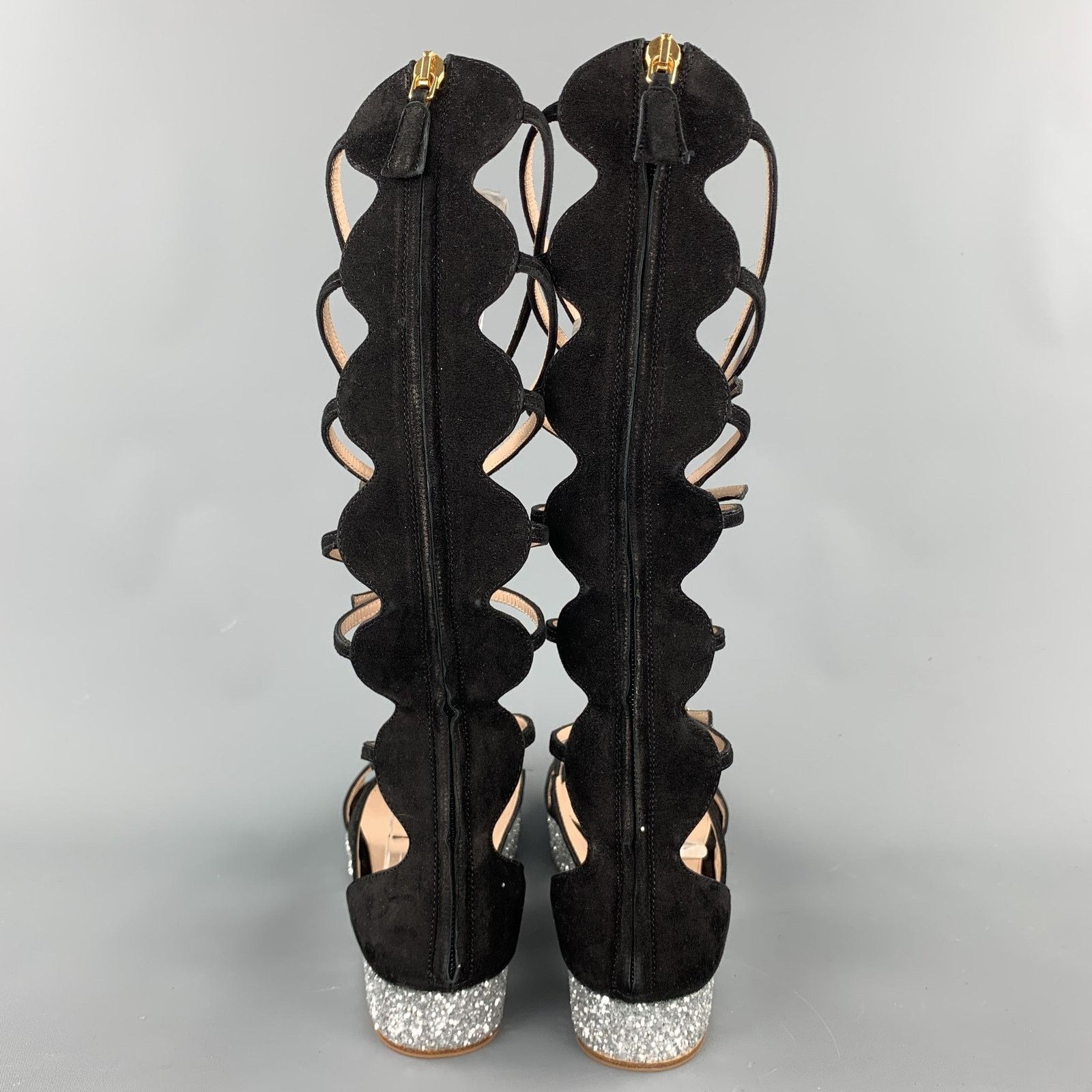 Giambattista Valli Size 8 Black Suede Glitter Gladiator Sandals Size US 8 / IT 38 - 5 Thumbnail