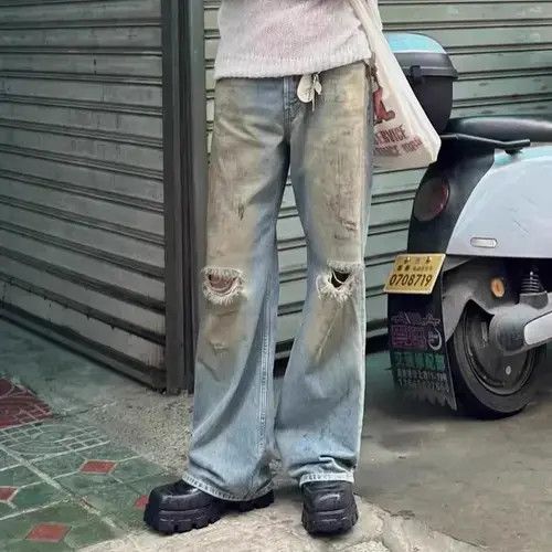 Japanese Brand Mud Dyed Hole Baggy Jeans Hombre Frayed Ripped Trousers y2k Size US 32 / EU 48 - 1 Thumbnail