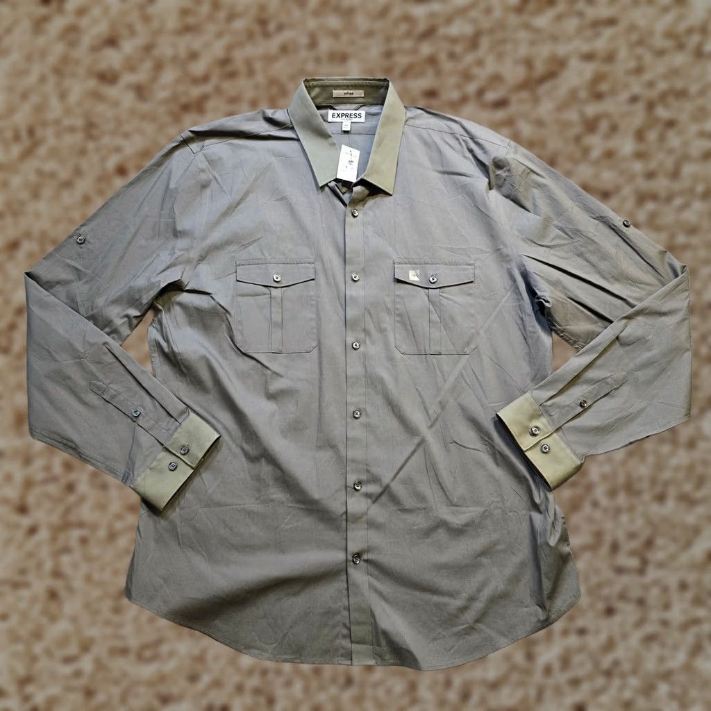 Express Express Shirt Mens 2XL Green Two Tone Button Long Sleeve Pockets Casual Shirt Size US XXL / EU 58 / 5 - 1 Thumbnail